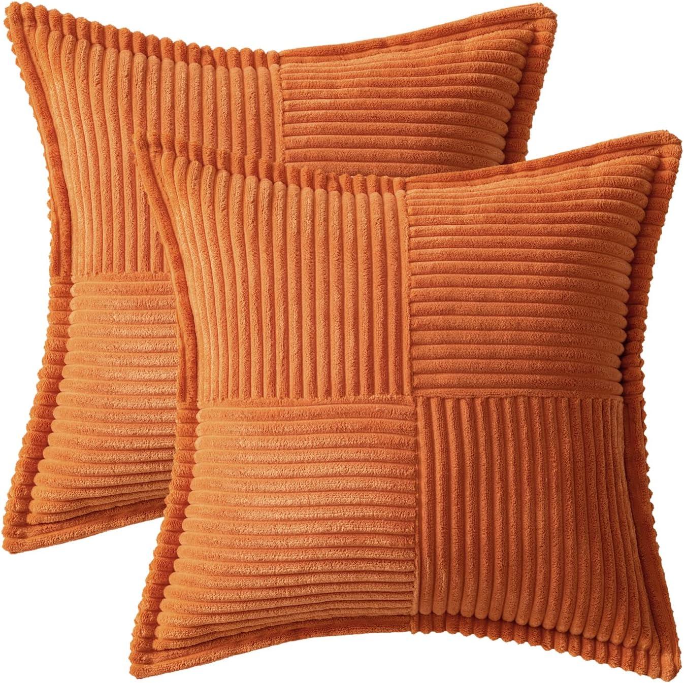 imageMIULEE Orange Fall Corduroy Decorative Euro Sham Pillow Covers 24x24 Inch with Splicing Set of 2 Soft Boho Pillow Covers Broadside Textured Summer Pillowcases for Couch Bed LivingroomOrange