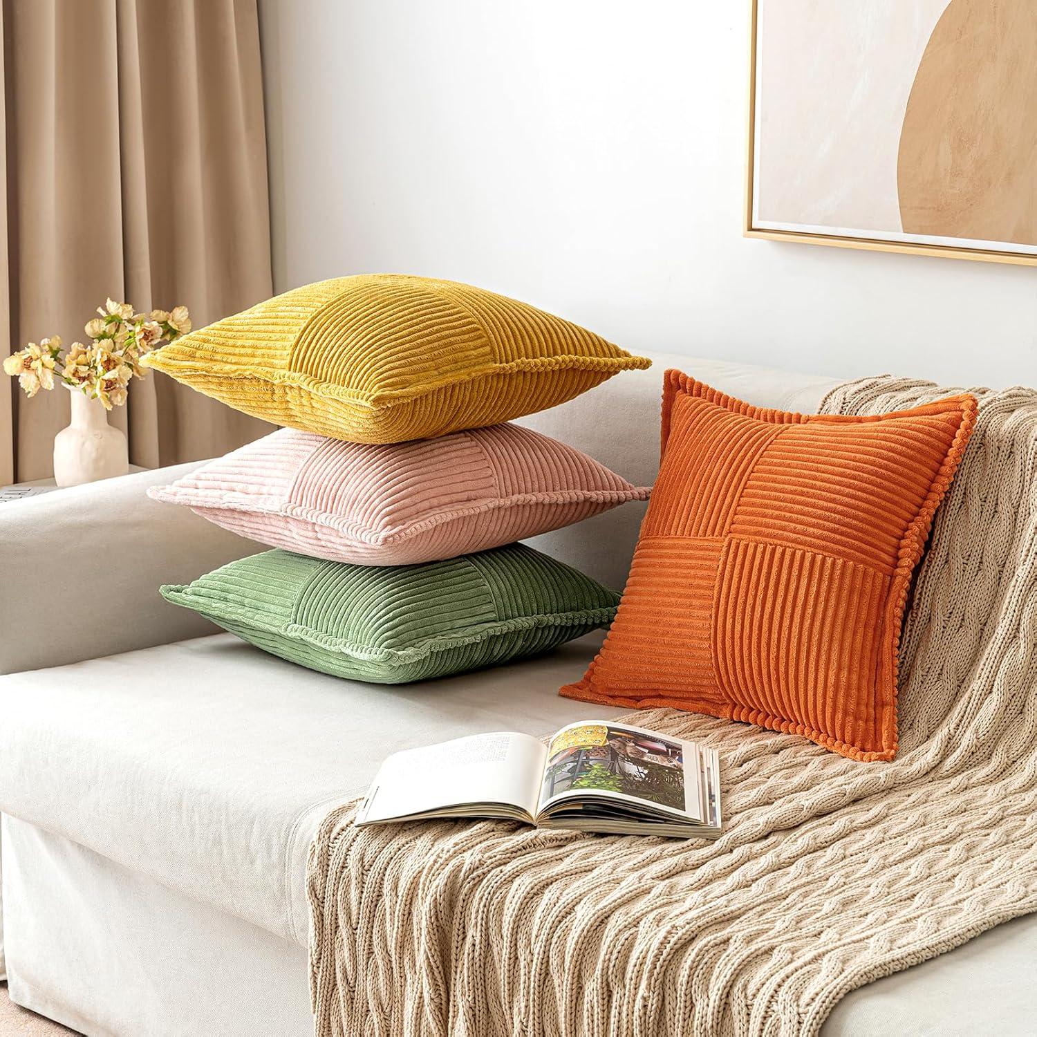 imageMIULEE Orange Fall Corduroy Decorative Euro Sham Pillow Covers 24x24 Inch with Splicing Set of 2 Soft Boho Pillow Covers Broadside Textured Summer Pillowcases for Couch Bed LivingroomOrange