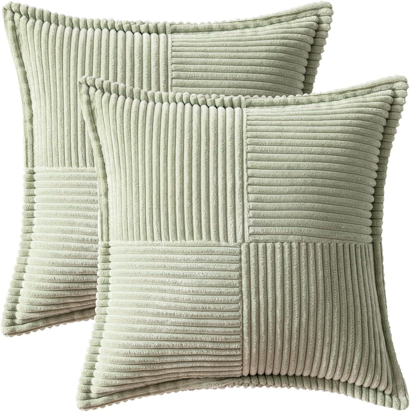 imageMIULEE Orange Fall Corduroy Decorative Euro Sham Pillow Covers 24x24 Inch with Splicing Set of 2 Soft Boho Pillow Covers Broadside Textured Summer Pillowcases for Couch Bed LivingroomLight Green