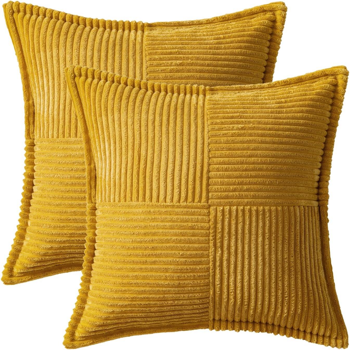 imageMIULEE Orange Fall Corduroy Decorative Euro Sham Pillow Covers 24x24 Inch with Splicing Set of 2 Soft Boho Pillow Covers Broadside Textured Summer Pillowcases for Couch Bed LivingroomMustard Yellow