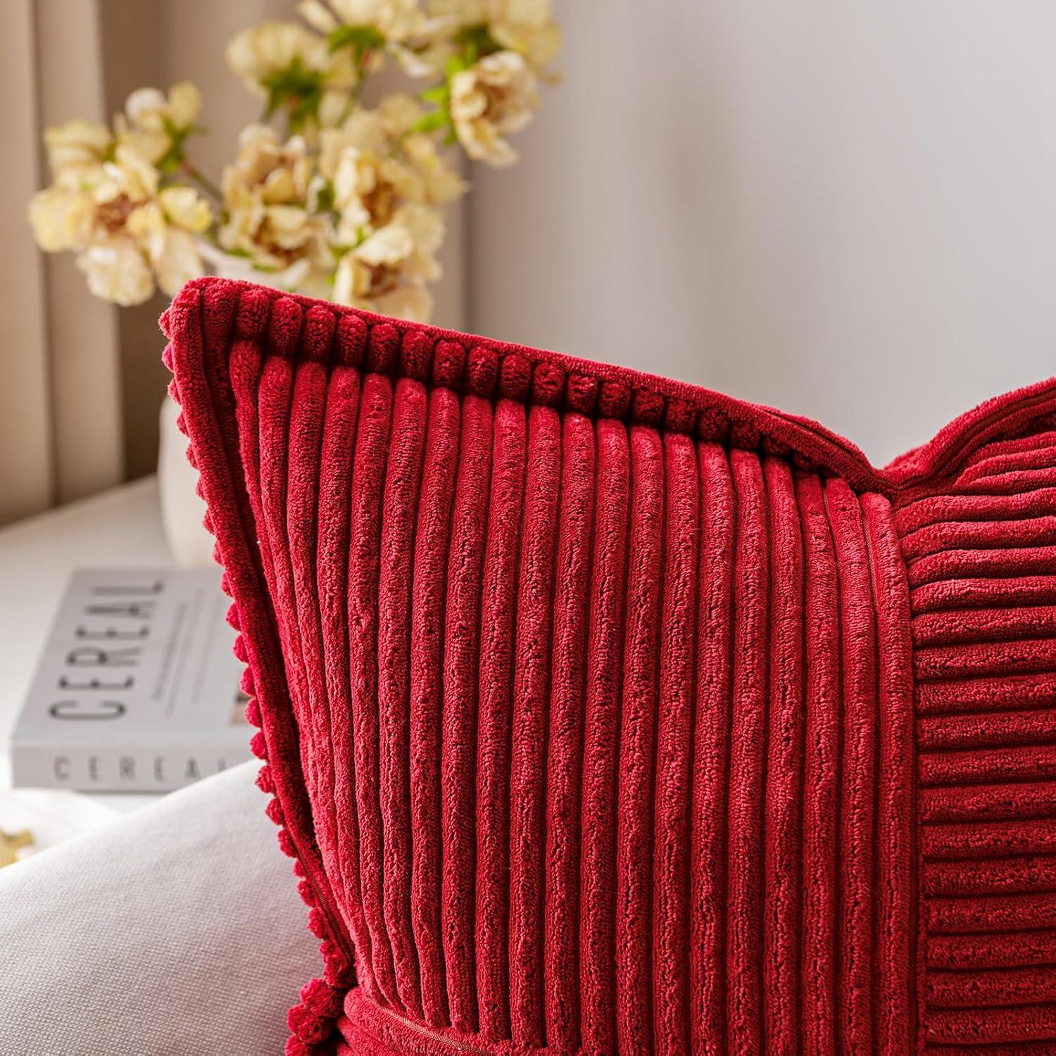 imageMIULEE Orange Fall Corduroy Decorative Euro Sham Pillow Covers 24x24 Inch with Splicing Set of 2 Soft Boho Pillow Covers Broadside Textured Summer Pillowcases for Couch Bed LivingroomRed