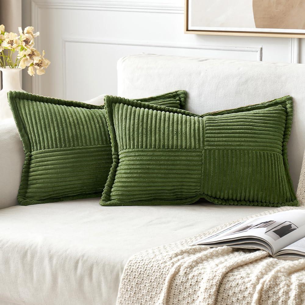 imageMIULEE Orange Fall Corduroy Decorative Euro Sham Pillow Covers 24x24 Inch with Splicing Set of 2 Soft Boho Pillow Covers Broadside Textured Summer Pillowcases for Couch Bed LivingroomMoss Green