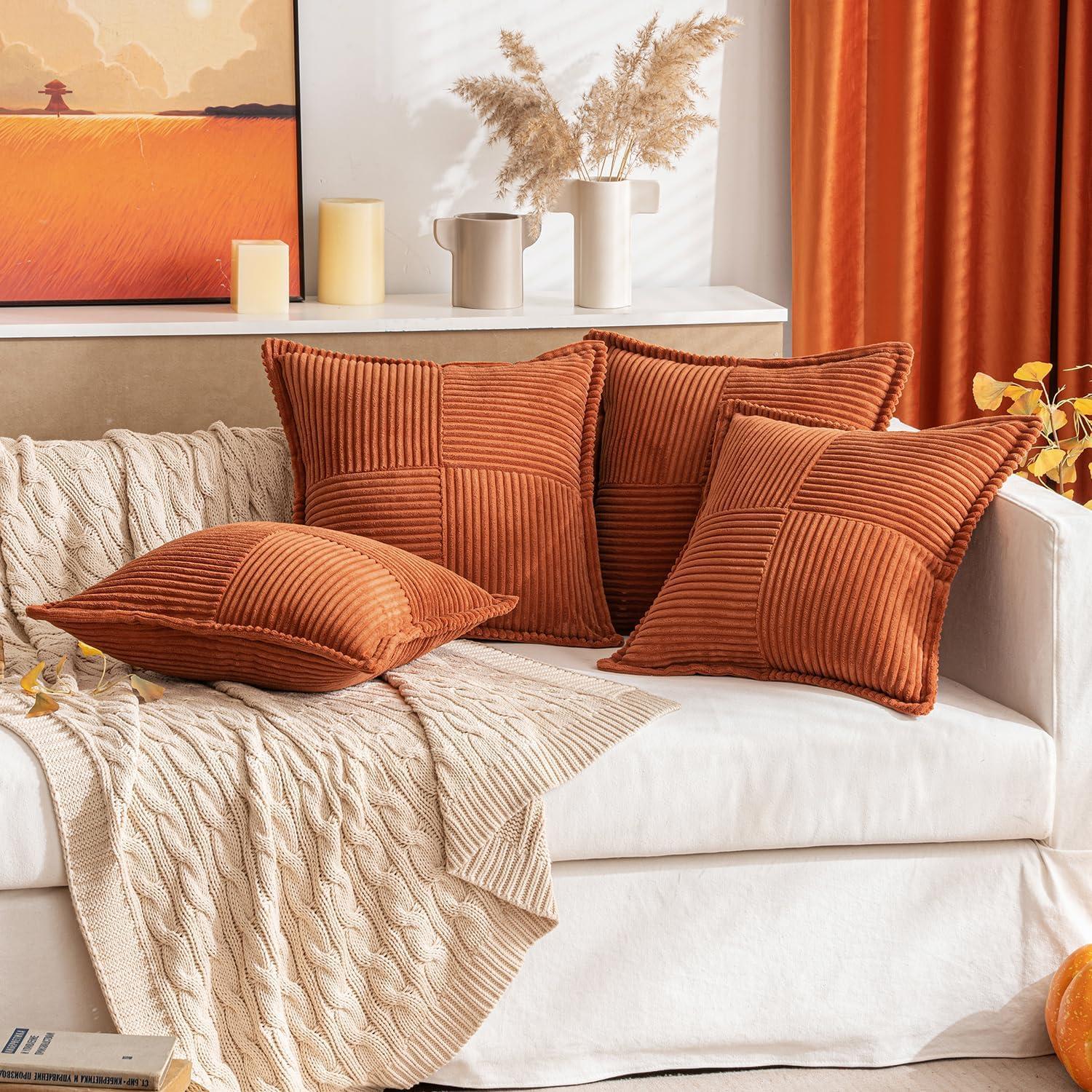 imageMIULEE Orange Fall Corduroy Decorative Euro Sham Pillow Covers 24x24 Inch with Splicing Set of 2 Soft Boho Pillow Covers Broadside Textured Summer Pillowcases for Couch Bed LivingroomRust