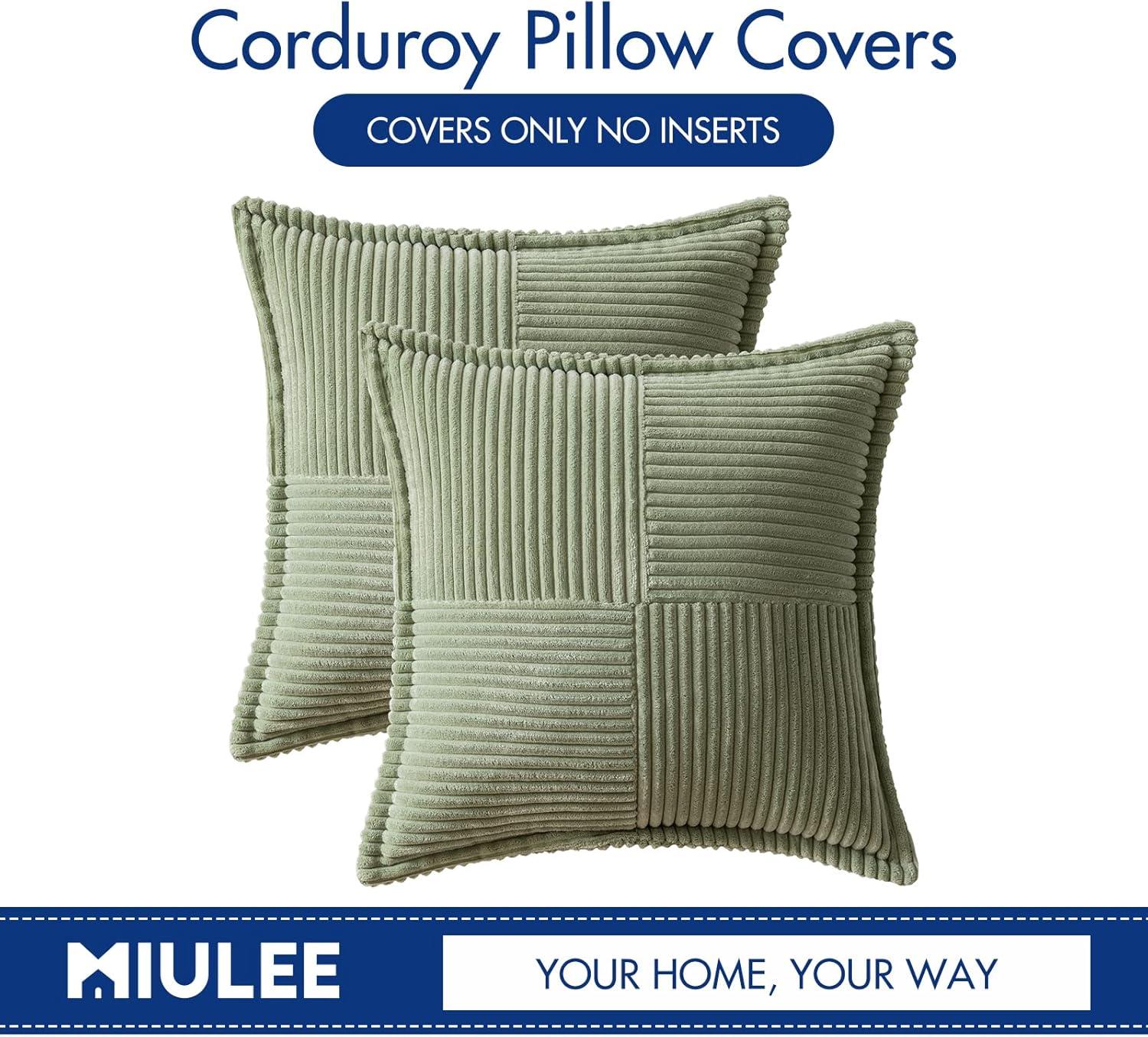 imageMIULEE Orange Fall Corduroy Decorative Euro Sham Pillow Covers 24x24 Inch with Splicing Set of 2 Soft Boho Pillow Covers Broadside Textured Summer Pillowcases for Couch Bed LivingroomSage Green