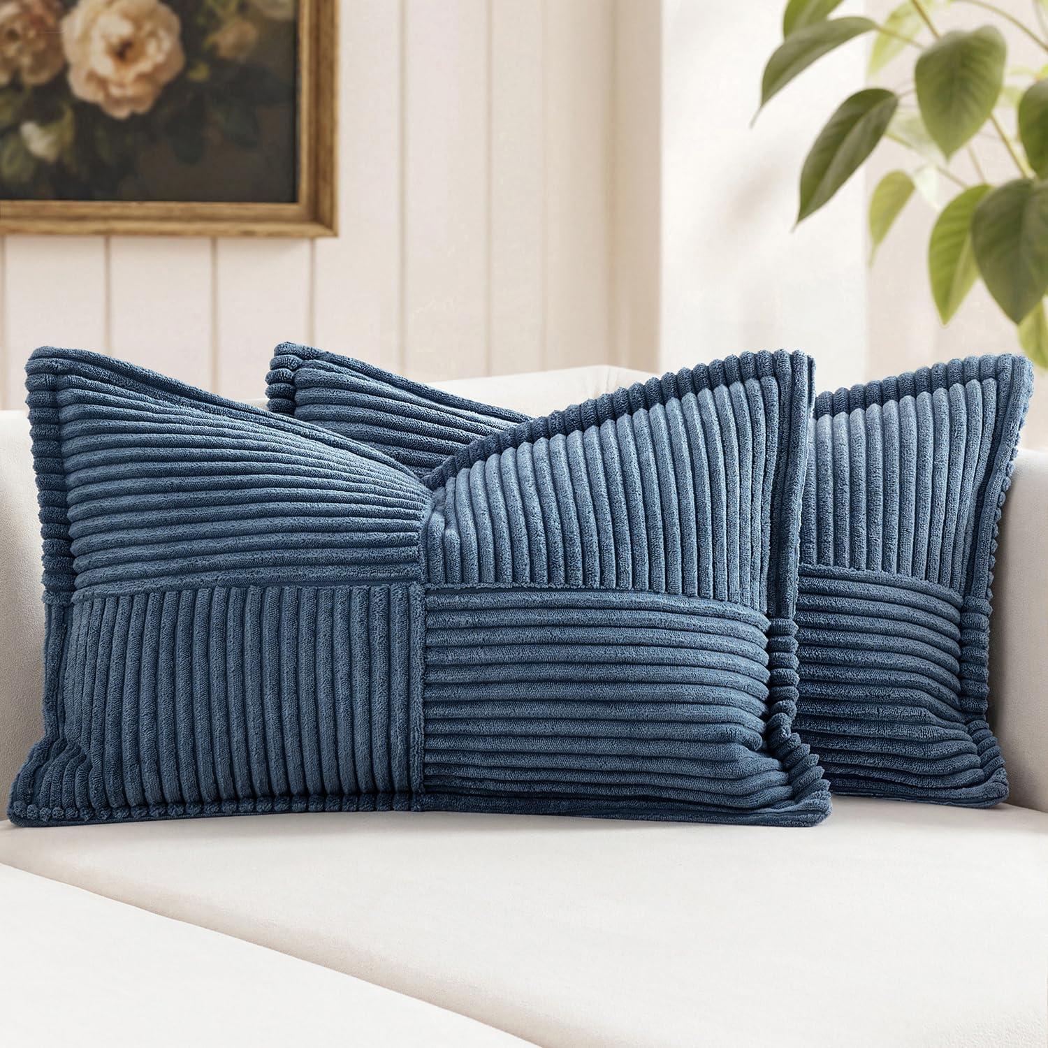 imageMIULEE Orange Fall Corduroy Decorative Euro Sham Pillow Covers 24x24 Inch with Splicing Set of 2 Soft Boho Pillow Covers Broadside Textured Summer Pillowcases for Couch Bed LivingroomBlue