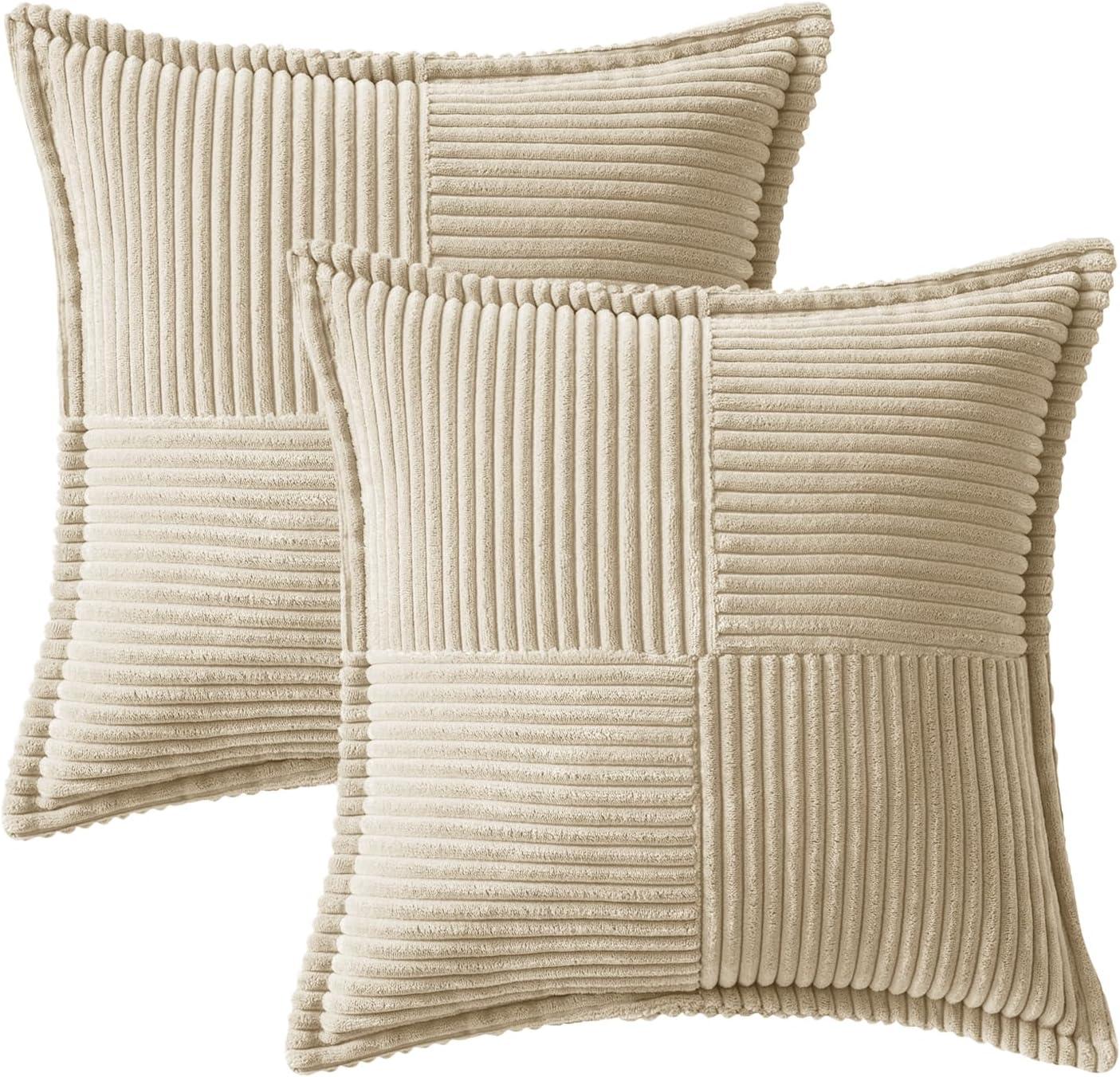 imageMIULEE Orange Fall Corduroy Decorative Euro Sham Pillow Covers 24x24 Inch with Splicing Set of 2 Soft Boho Pillow Covers Broadside Textured Summer Pillowcases for Couch Bed LivingroomCream