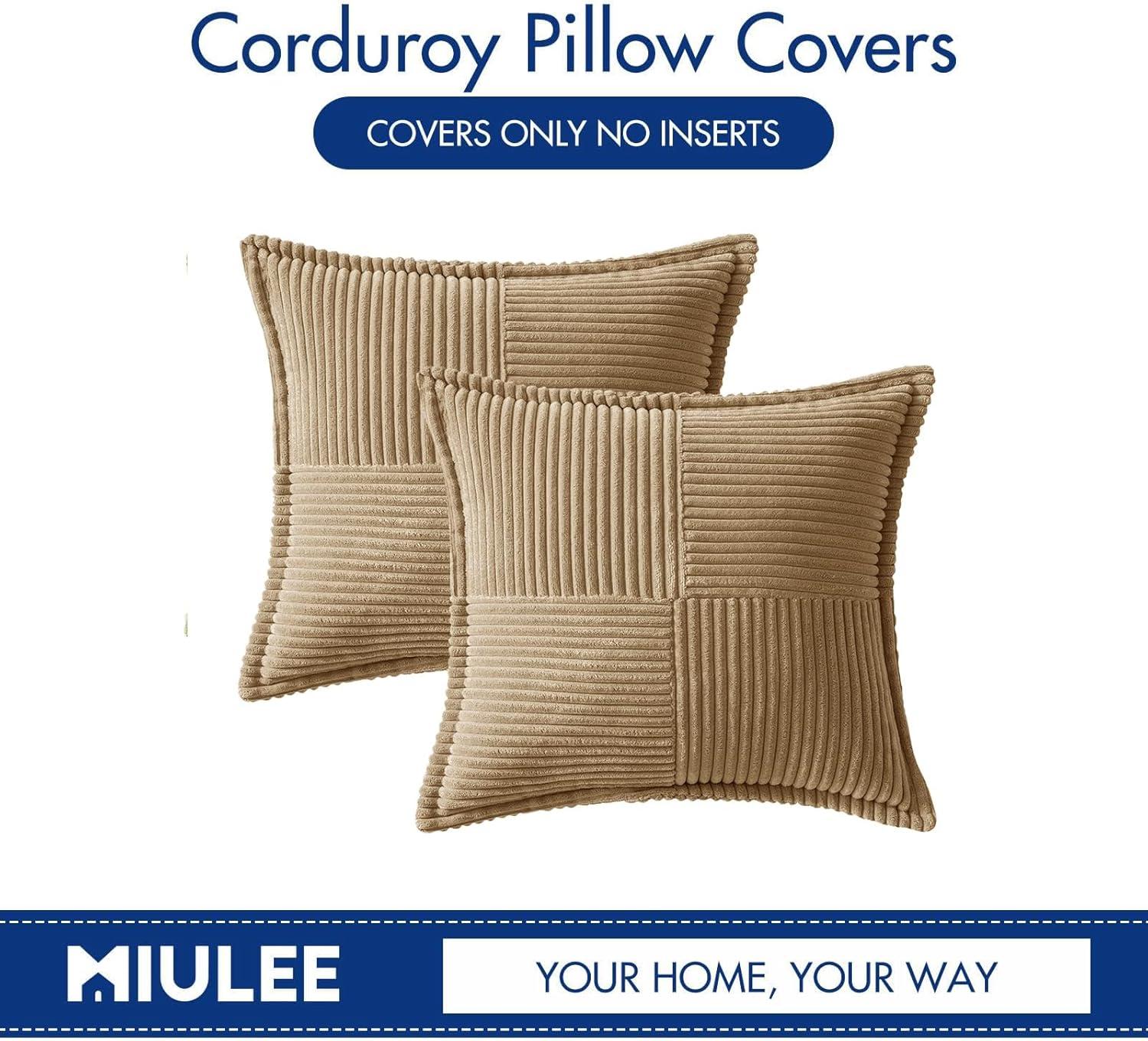 imageMIULEE Orange Fall Corduroy Decorative Euro Sham Pillow Covers 24x24 Inch with Splicing Set of 2 Soft Boho Pillow Covers Broadside Textured Summer Pillowcases for Couch Bed LivingroomKhaki