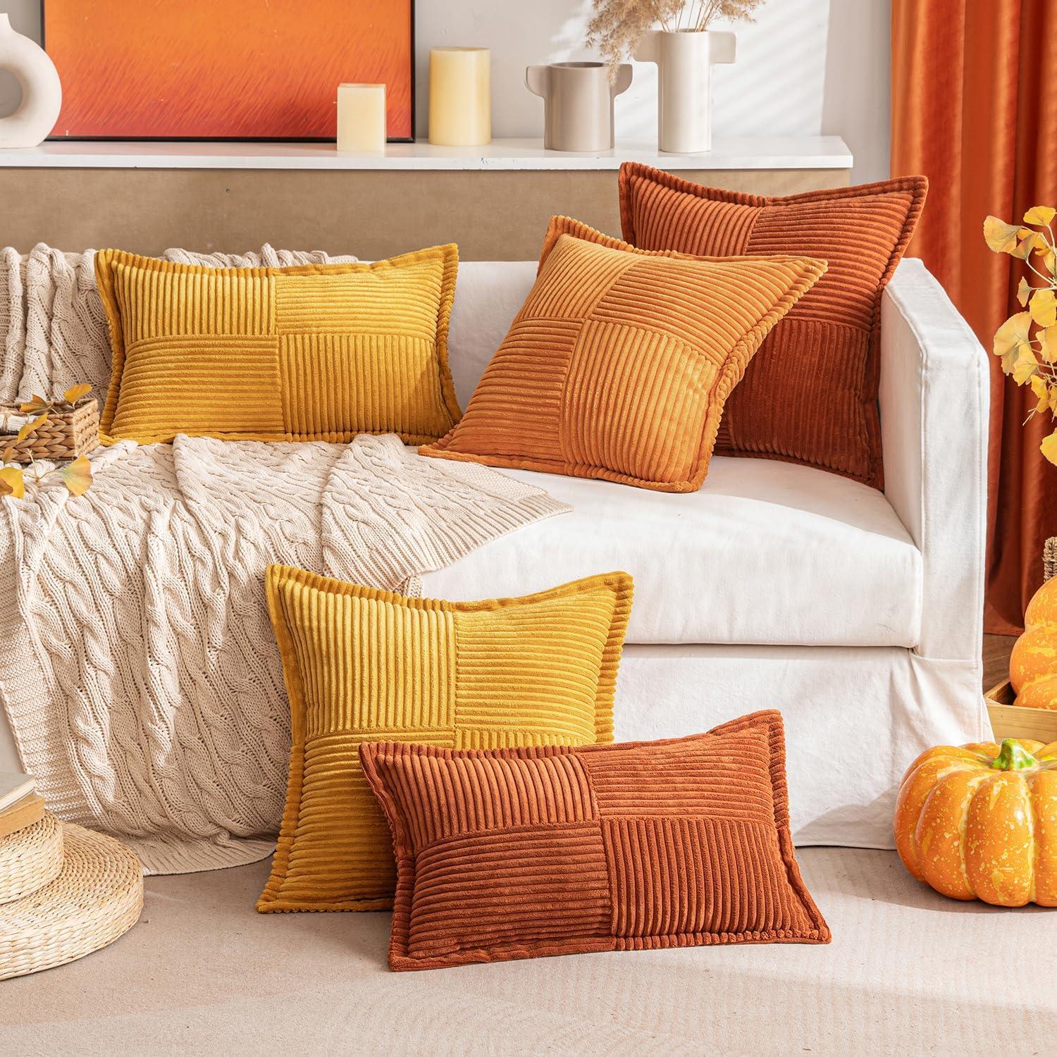 imageMIULEE Orange Fall Corduroy Decorative Euro Sham Pillow Covers 24x24 Inch with Splicing Set of 2 Soft Boho Pillow Covers Broadside Textured Summer Pillowcases for Couch Bed LivingroomBurnt Orange