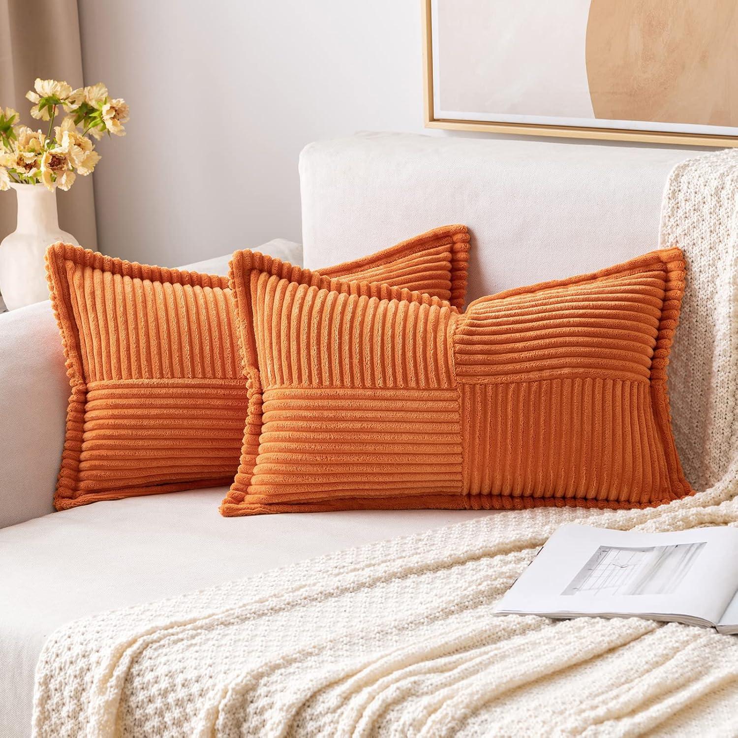 imageMIULEE Orange Fall Corduroy Decorative Euro Sham Pillow Covers 24x24 Inch with Splicing Set of 2 Soft Boho Pillow Covers Broadside Textured Summer Pillowcases for Couch Bed LivingroomOrange