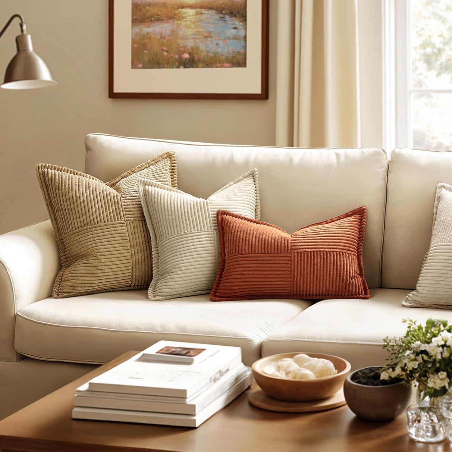 imageMIULEE Orange Fall Corduroy Decorative Euro Sham Pillow Covers 24x24 Inch with Splicing Set of 2 Soft Boho Pillow Covers Broadside Textured Summer Pillowcases for Couch Bed LivingroomDark Rust