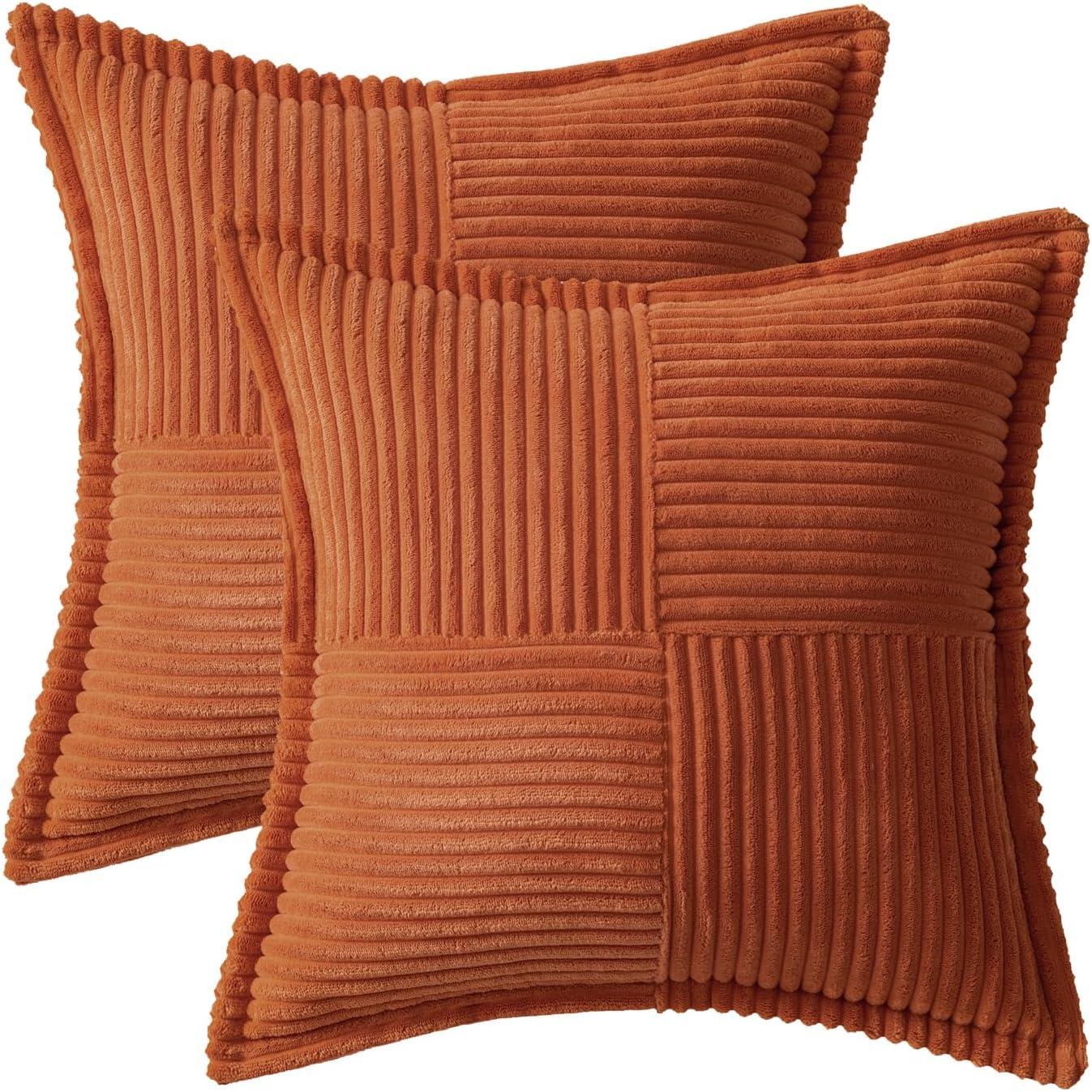 imageMIULEE Orange Fall Corduroy Decorative Euro Sham Pillow Covers 24x24 Inch with Splicing Set of 2 Soft Boho Pillow Covers Broadside Textured Summer Pillowcases for Couch Bed LivingroomRust