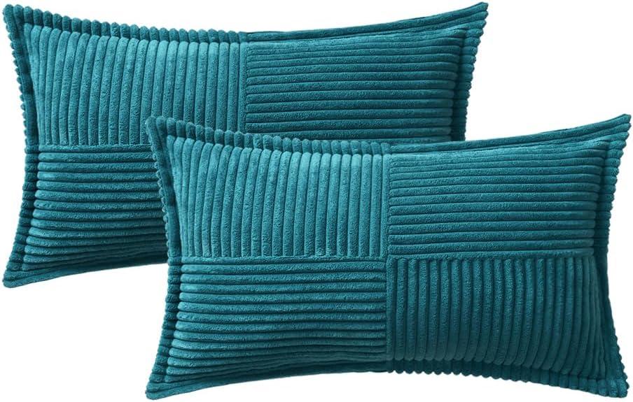 imageMIULEE Orange Fall Corduroy Decorative Euro Sham Pillow Covers 24x24 Inch with Splicing Set of 2 Soft Boho Pillow Covers Broadside Textured Summer Pillowcases for Couch Bed LivingroomTeal Blue