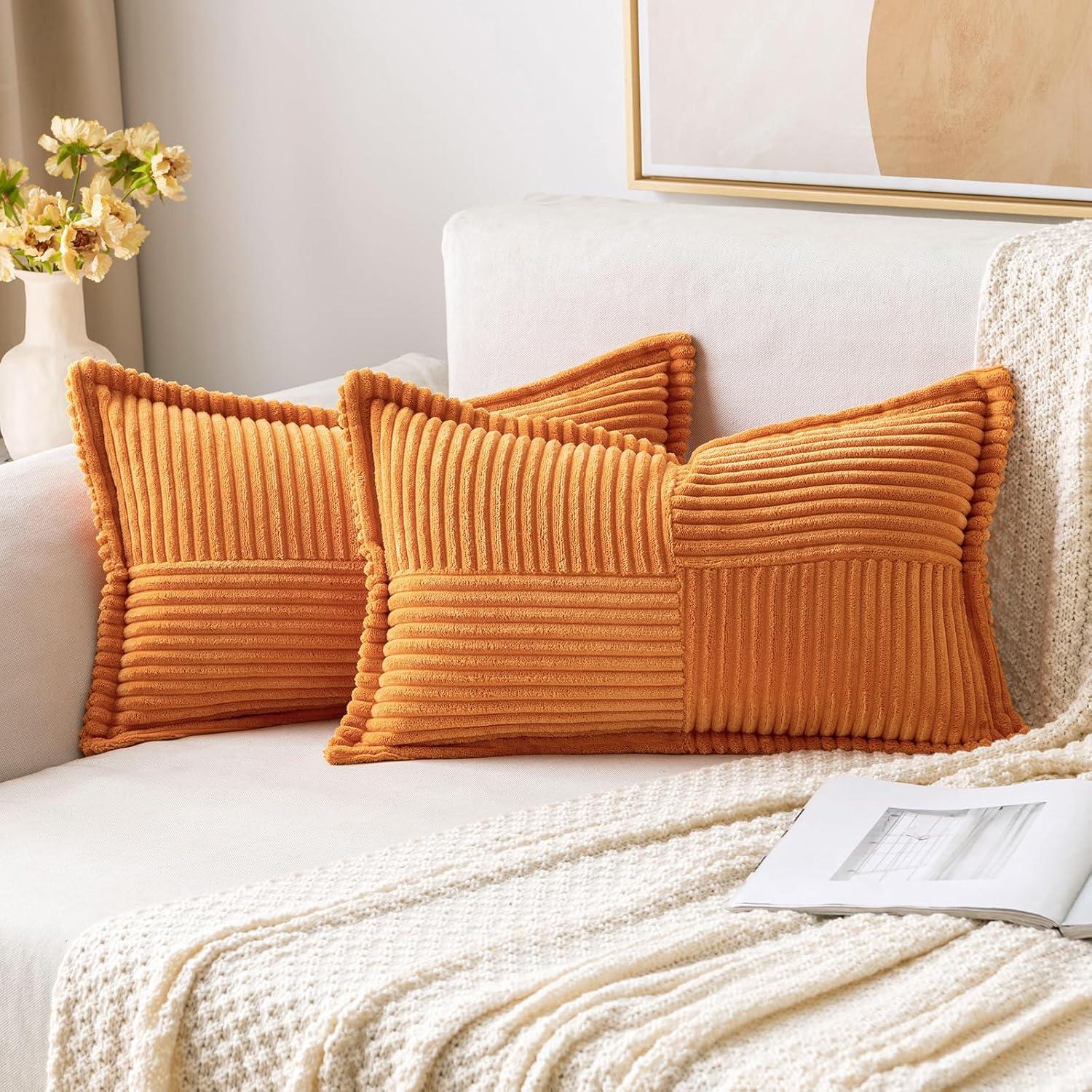imageMIULEE Orange Fall Corduroy Decorative Euro Sham Pillow Covers 24x24 Inch with Splicing Set of 2 Soft Boho Pillow Covers Broadside Textured Summer Pillowcases for Couch Bed LivingroomBurnt Orange