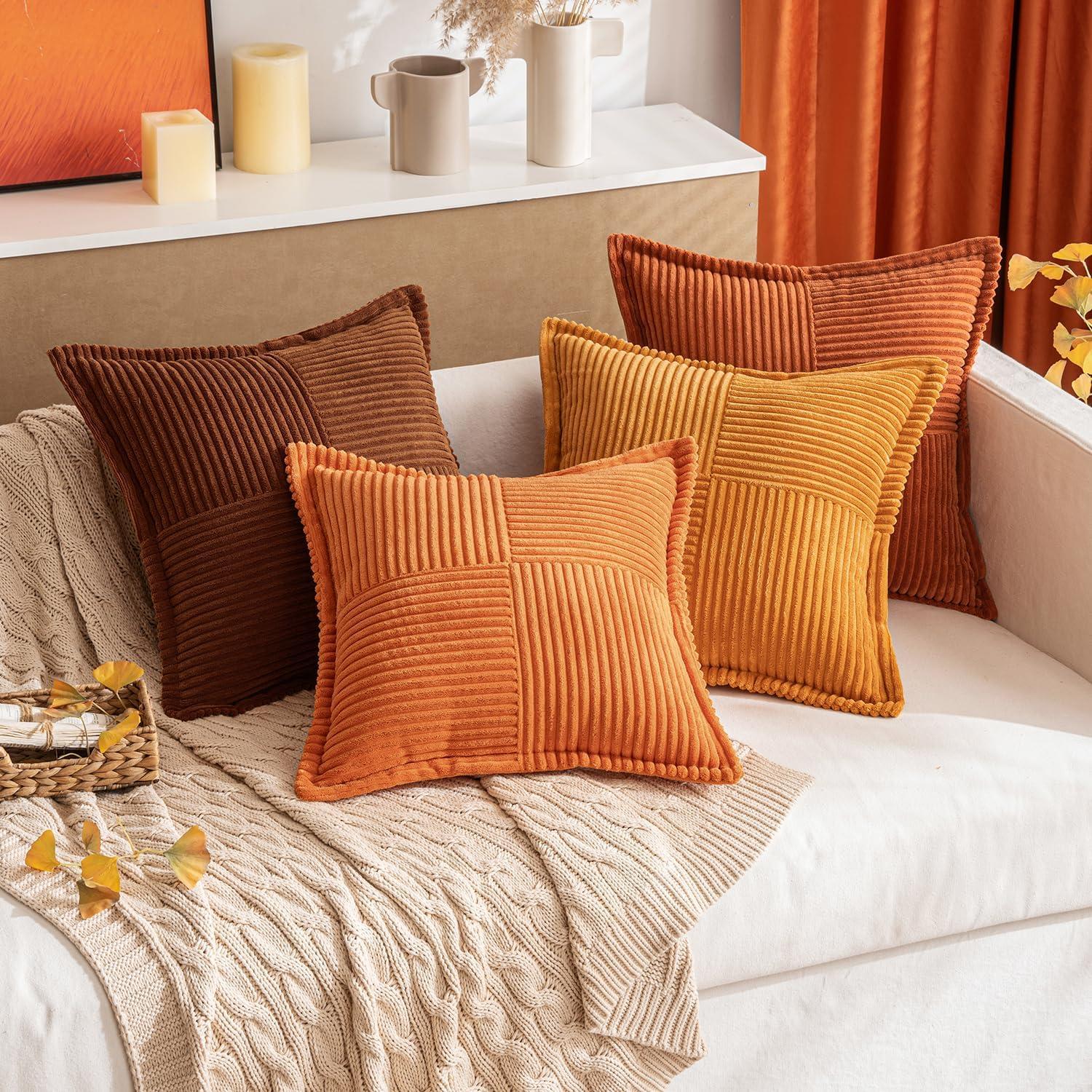 imageMIULEE Orange Fall Corduroy Decorative Euro Sham Pillow Covers 24x24 Inch with Splicing Set of 2 Soft Boho Pillow Covers Broadside Textured Summer Pillowcases for Couch Bed LivingroomOrange