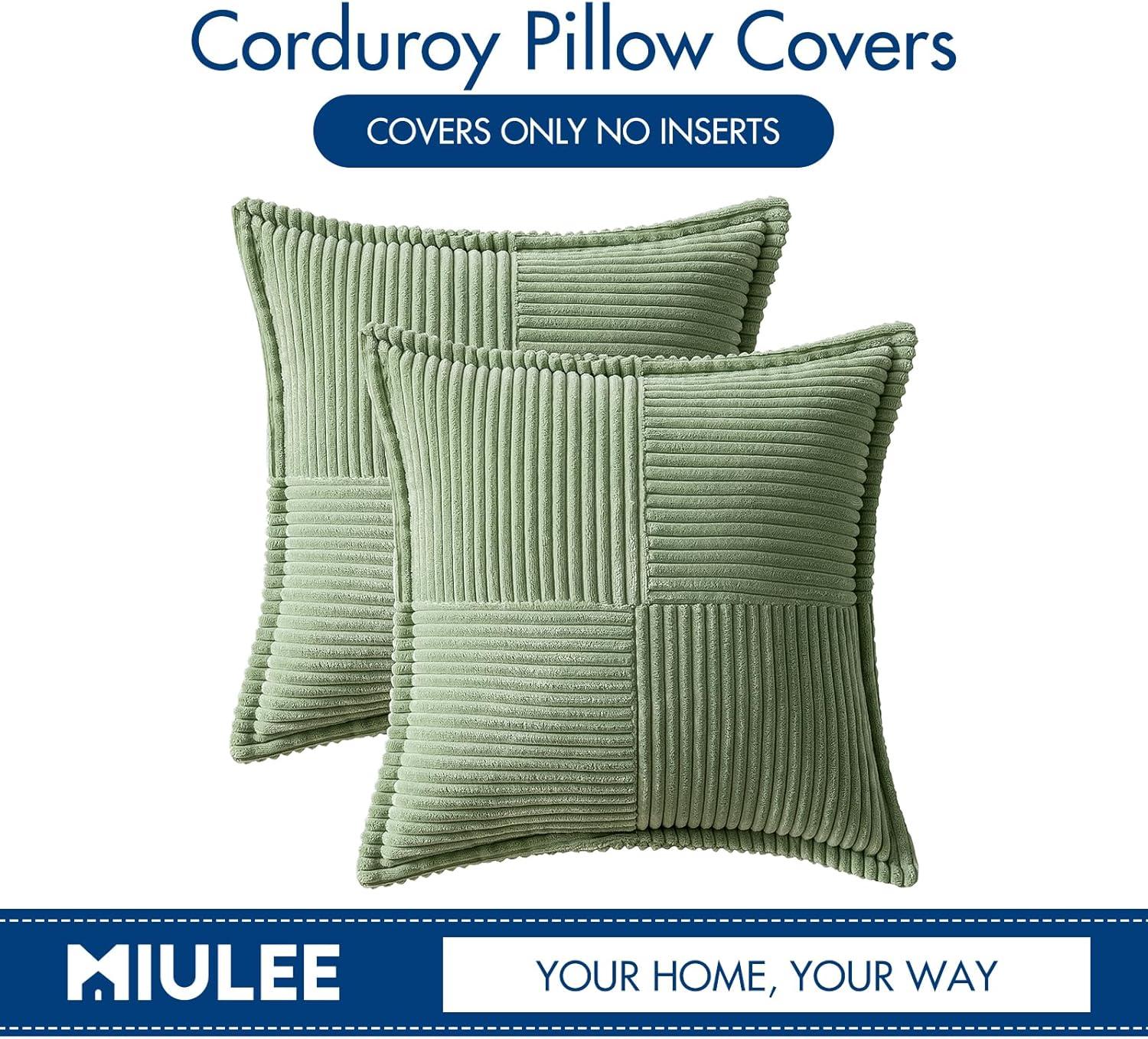imageMIULEE Orange Fall Corduroy Decorative Euro Sham Pillow Covers 24x24 Inch with Splicing Set of 2 Soft Boho Pillow Covers Broadside Textured Summer Pillowcases for Couch Bed LivingroomSage Green