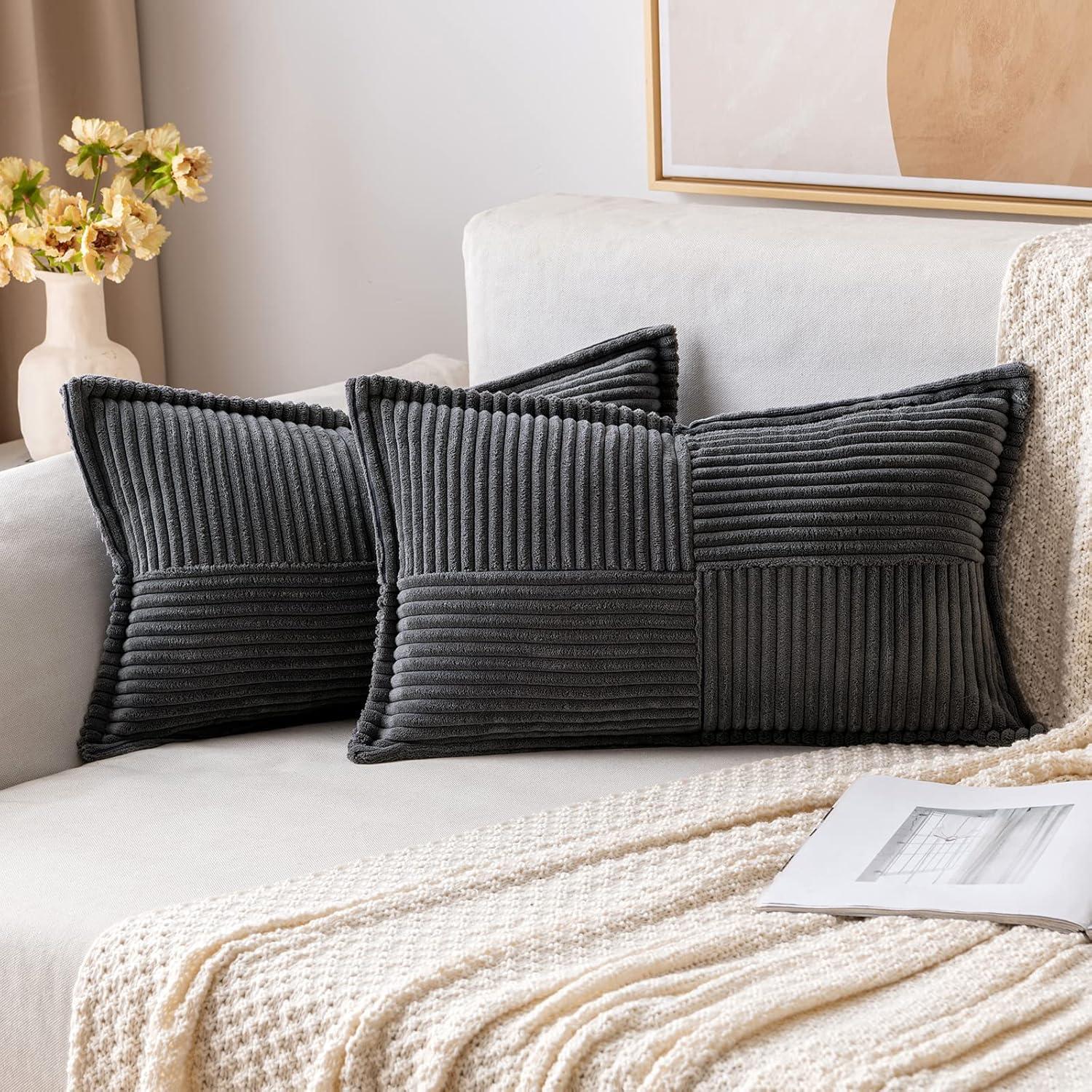 imageMIULEE Orange Fall Corduroy Decorative Euro Sham Pillow Covers 24x24 Inch with Splicing Set of 2 Soft Boho Pillow Covers Broadside Textured Summer Pillowcases for Couch Bed LivingroomDark Grey
