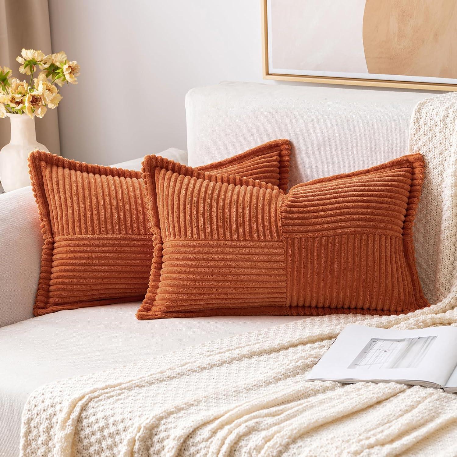 imageMIULEE Orange Fall Corduroy Decorative Euro Sham Pillow Covers 24x24 Inch with Splicing Set of 2 Soft Boho Pillow Covers Broadside Textured Summer Pillowcases for Couch Bed LivingroomRust