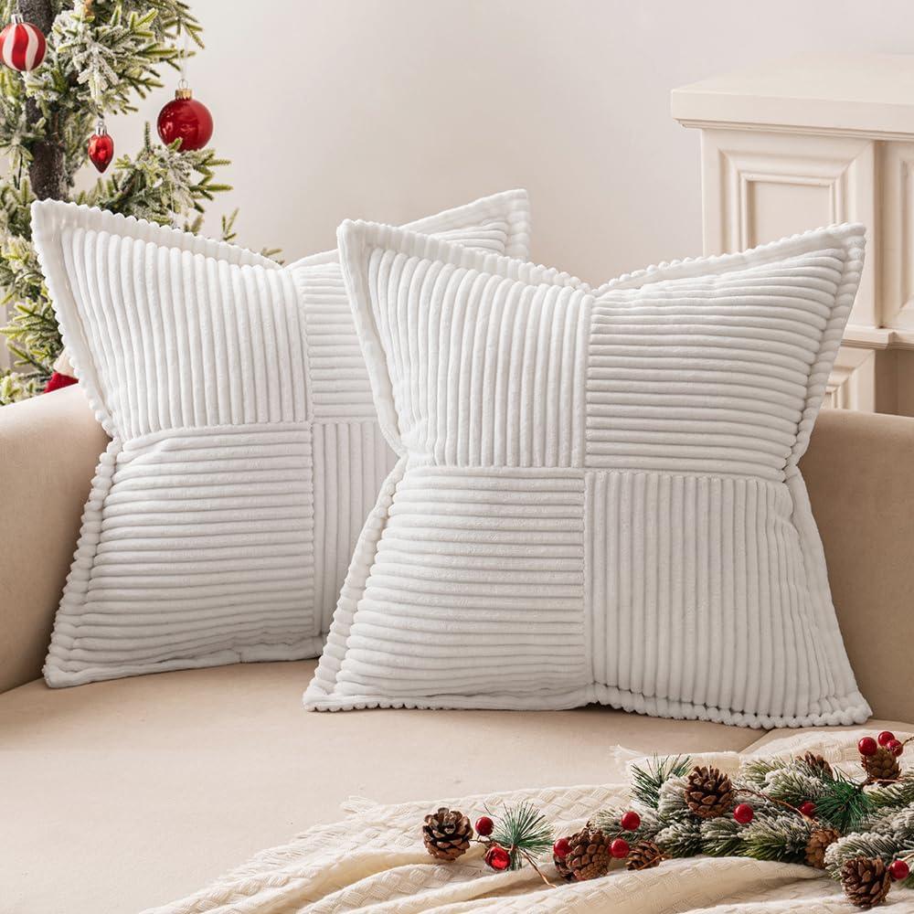 imageMIULEE Orange Fall Corduroy Decorative Euro Sham Pillow Covers 24x24 Inch with Splicing Set of 2 Soft Boho Pillow Covers Broadside Textured Summer Pillowcases for Couch Bed LivingroomWhite