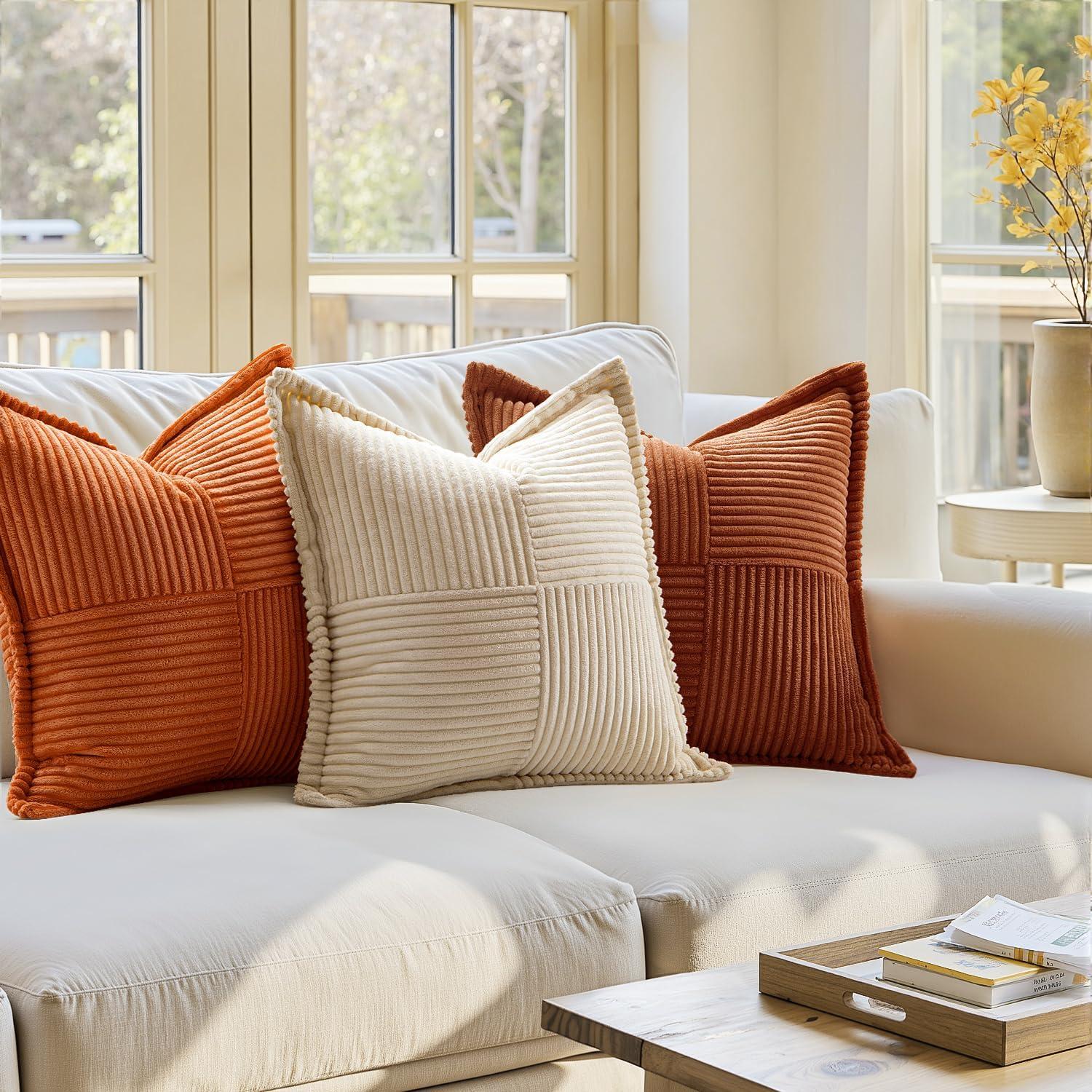 imageMIULEE Orange Fall Corduroy Decorative Euro Sham Pillow Covers 24x24 Inch with Splicing Set of 2 Soft Boho Pillow Covers Broadside Textured Summer Pillowcases for Couch Bed LivingroomDark Rust