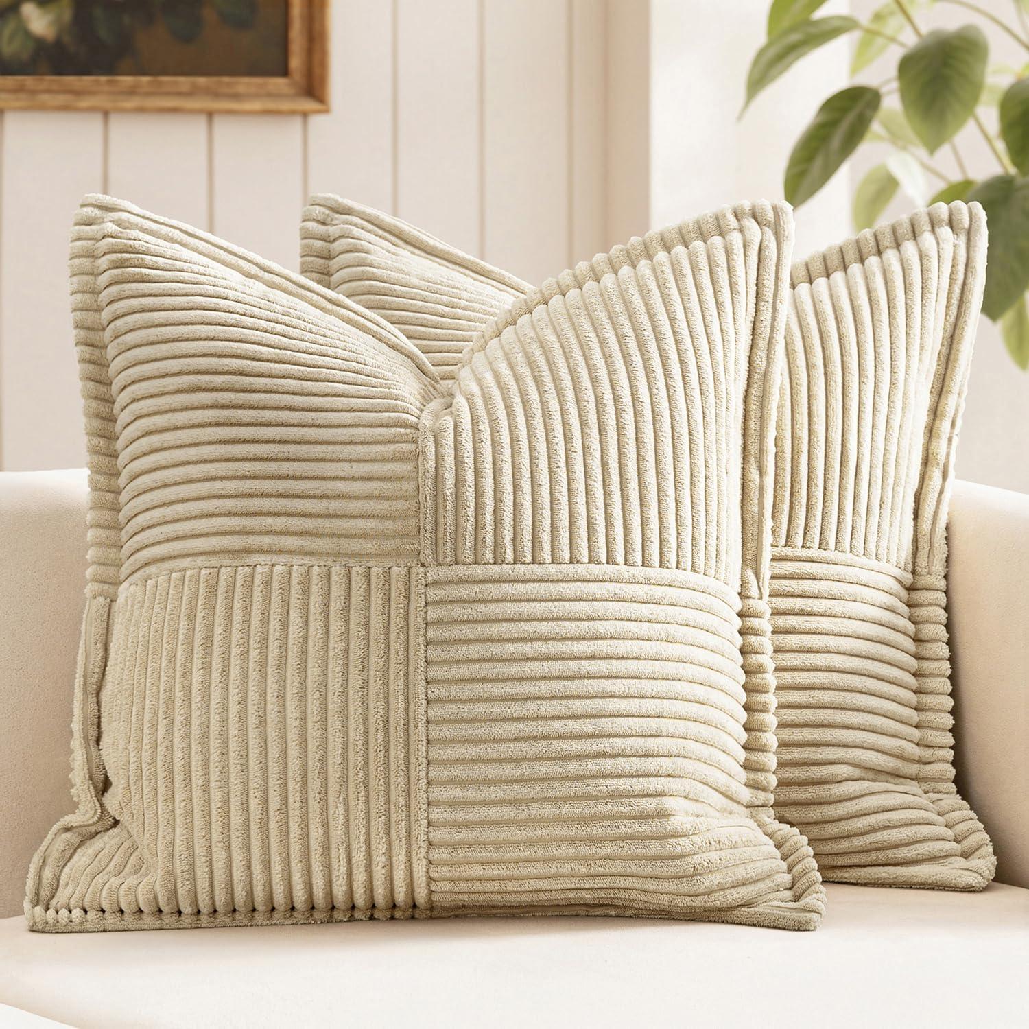 imageMIULEE Orange Fall Corduroy Decorative Euro Sham Pillow Covers 24x24 Inch with Splicing Set of 2 Soft Boho Pillow Covers Broadside Textured Summer Pillowcases for Couch Bed LivingroomCream