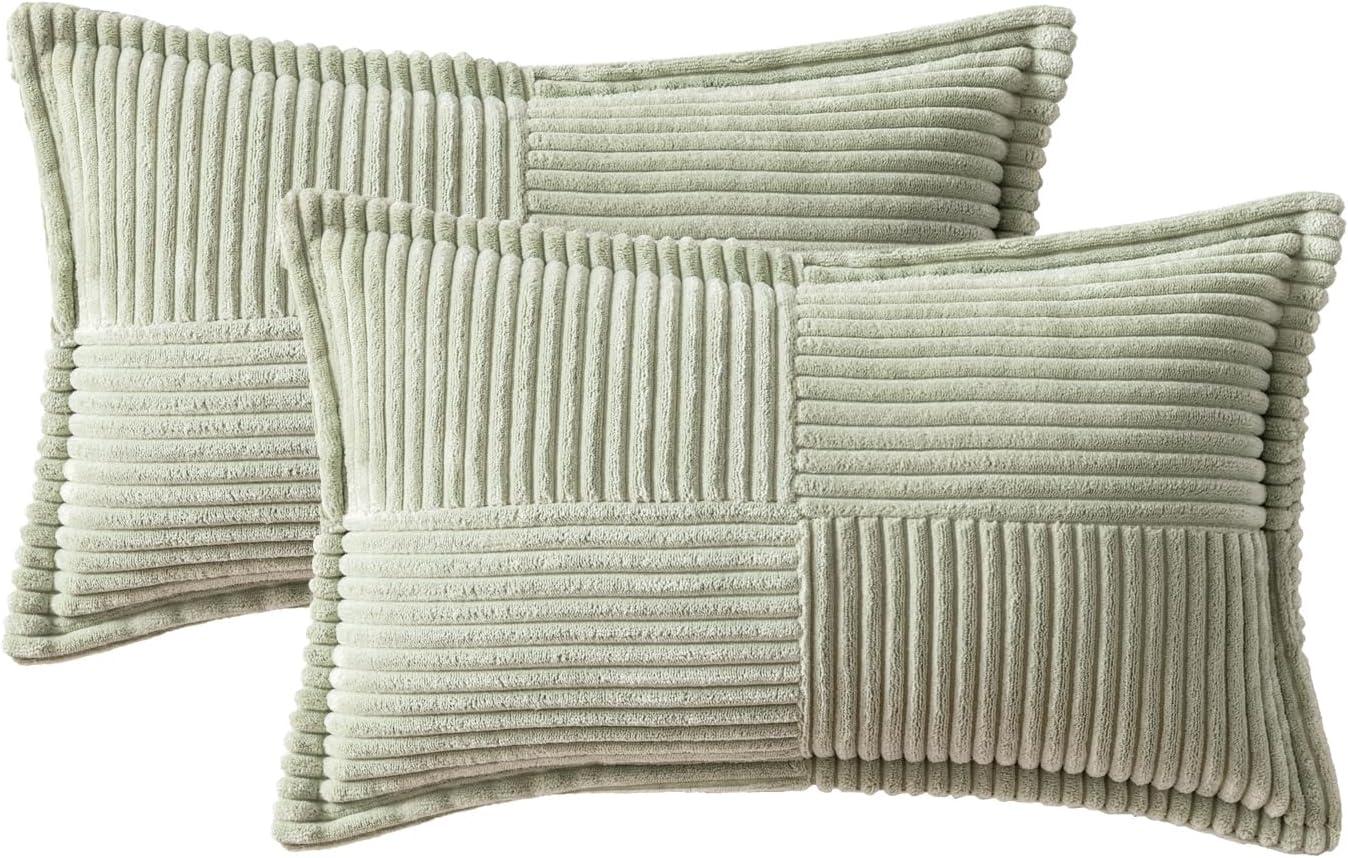 imageMIULEE Orange Fall Corduroy Decorative Euro Sham Pillow Covers 24x24 Inch with Splicing Set of 2 Soft Boho Pillow Covers Broadside Textured Summer Pillowcases for Couch Bed LivingroomLight Green
