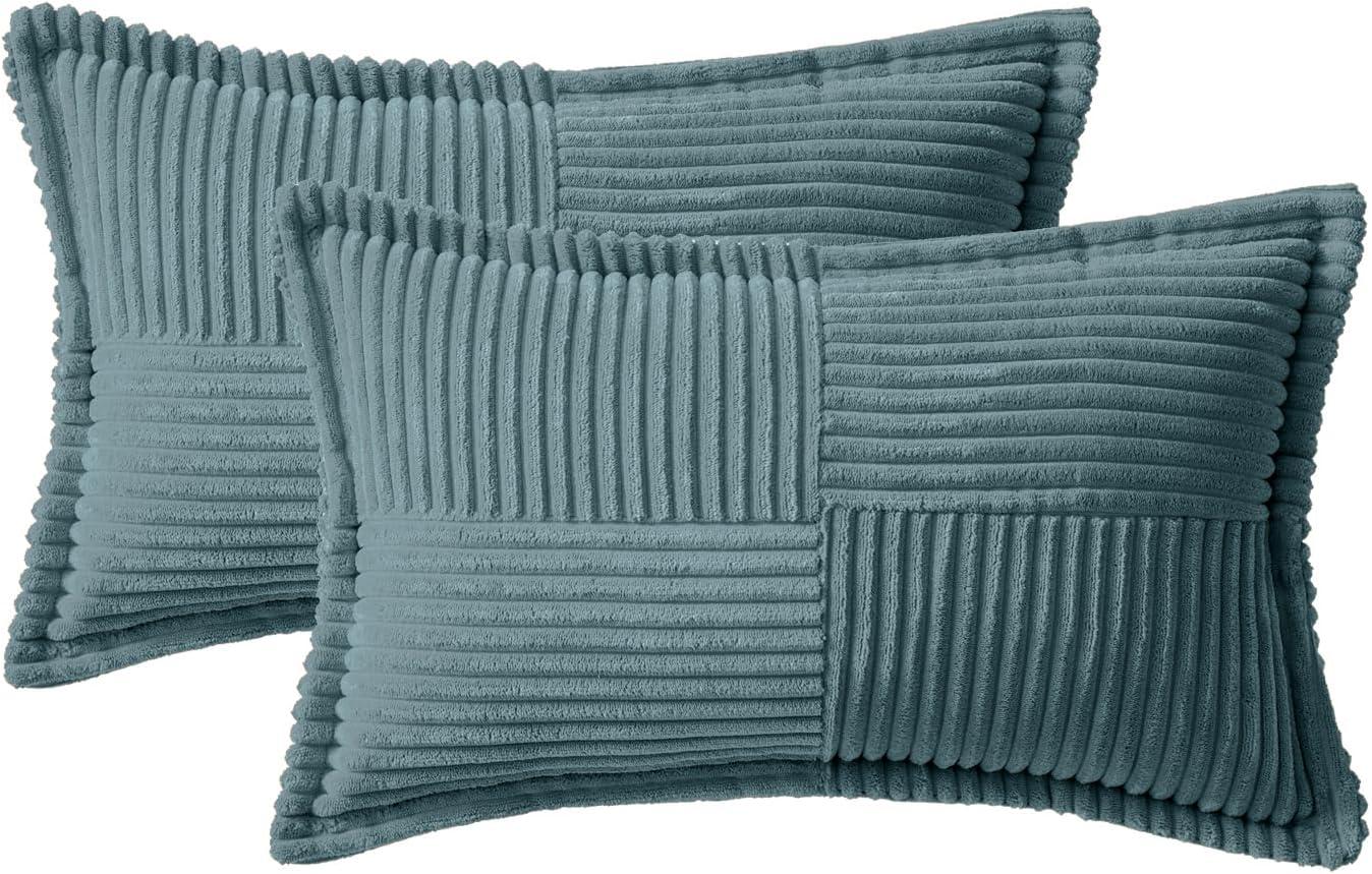 imageMIULEE Orange Fall Corduroy Decorative Euro Sham Pillow Covers 24x24 Inch with Splicing Set of 2 Soft Boho Pillow Covers Broadside Textured Summer Pillowcases for Couch Bed LivingroomDusty Blue
