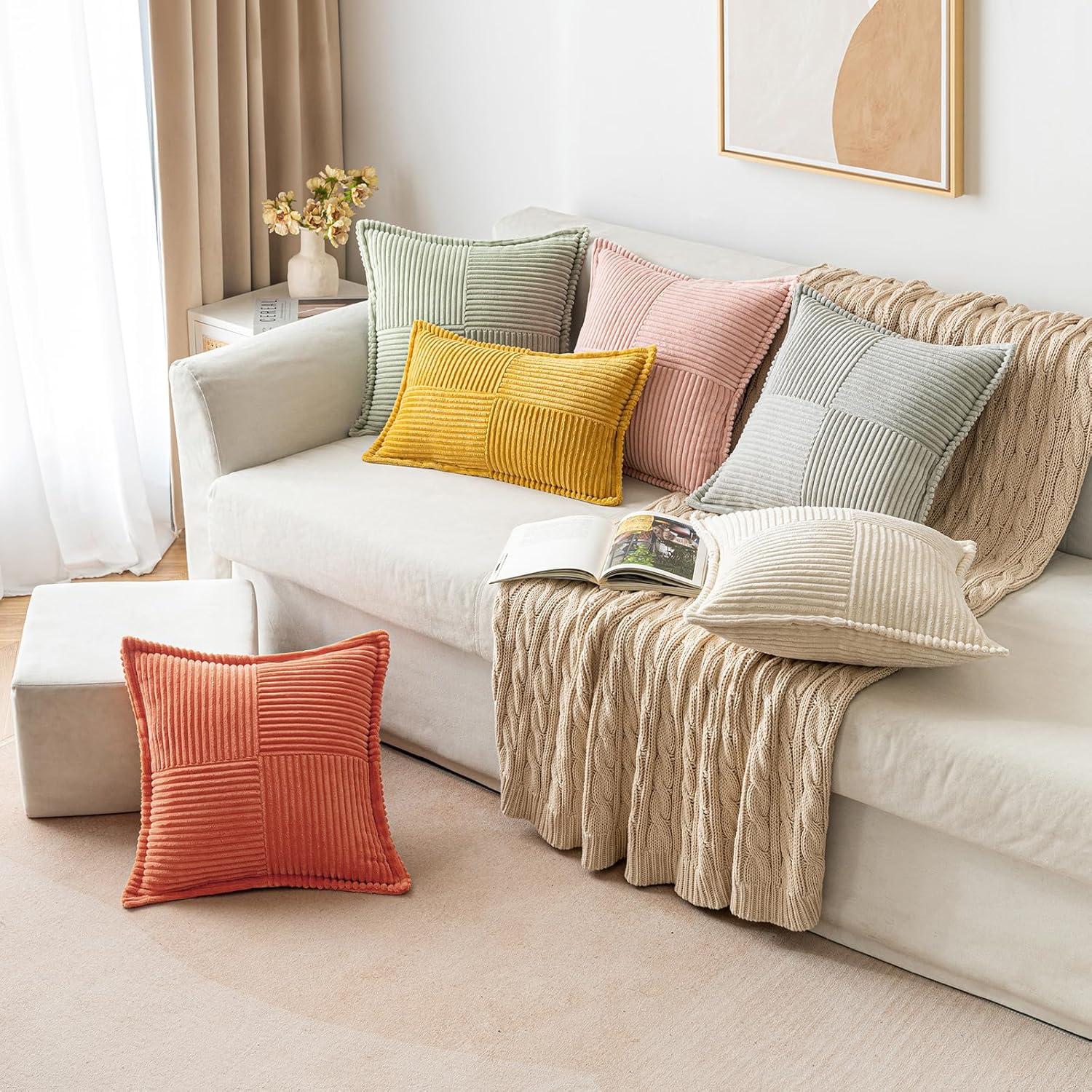 imageMIULEE Orange Fall Corduroy Decorative Euro Sham Pillow Covers 24x24 Inch with Splicing Set of 2 Soft Boho Pillow Covers Broadside Textured Summer Pillowcases for Couch Bed LivingroomOrange