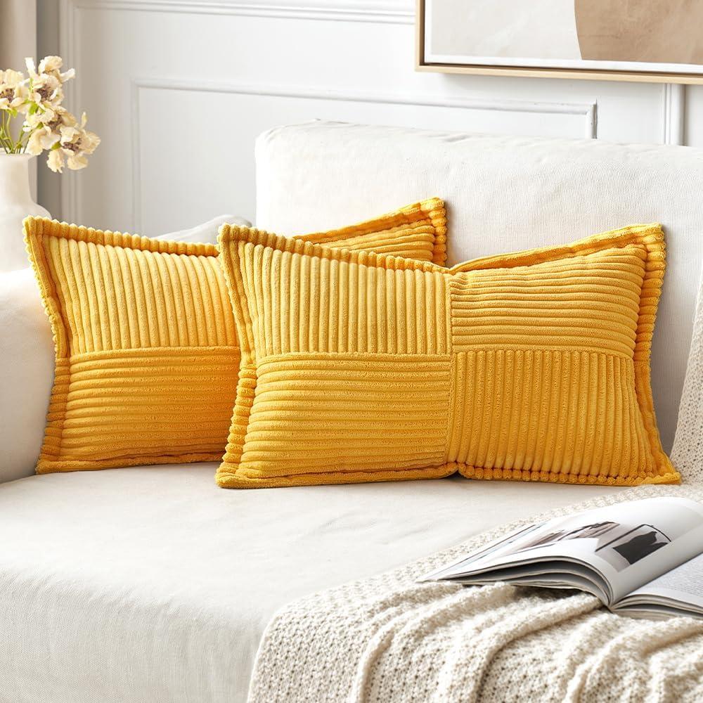 imageMIULEE Orange Fall Corduroy Decorative Euro Sham Pillow Covers 24x24 Inch with Splicing Set of 2 Soft Boho Pillow Covers Broadside Textured Summer Pillowcases for Couch Bed LivingroomGolden Yellow