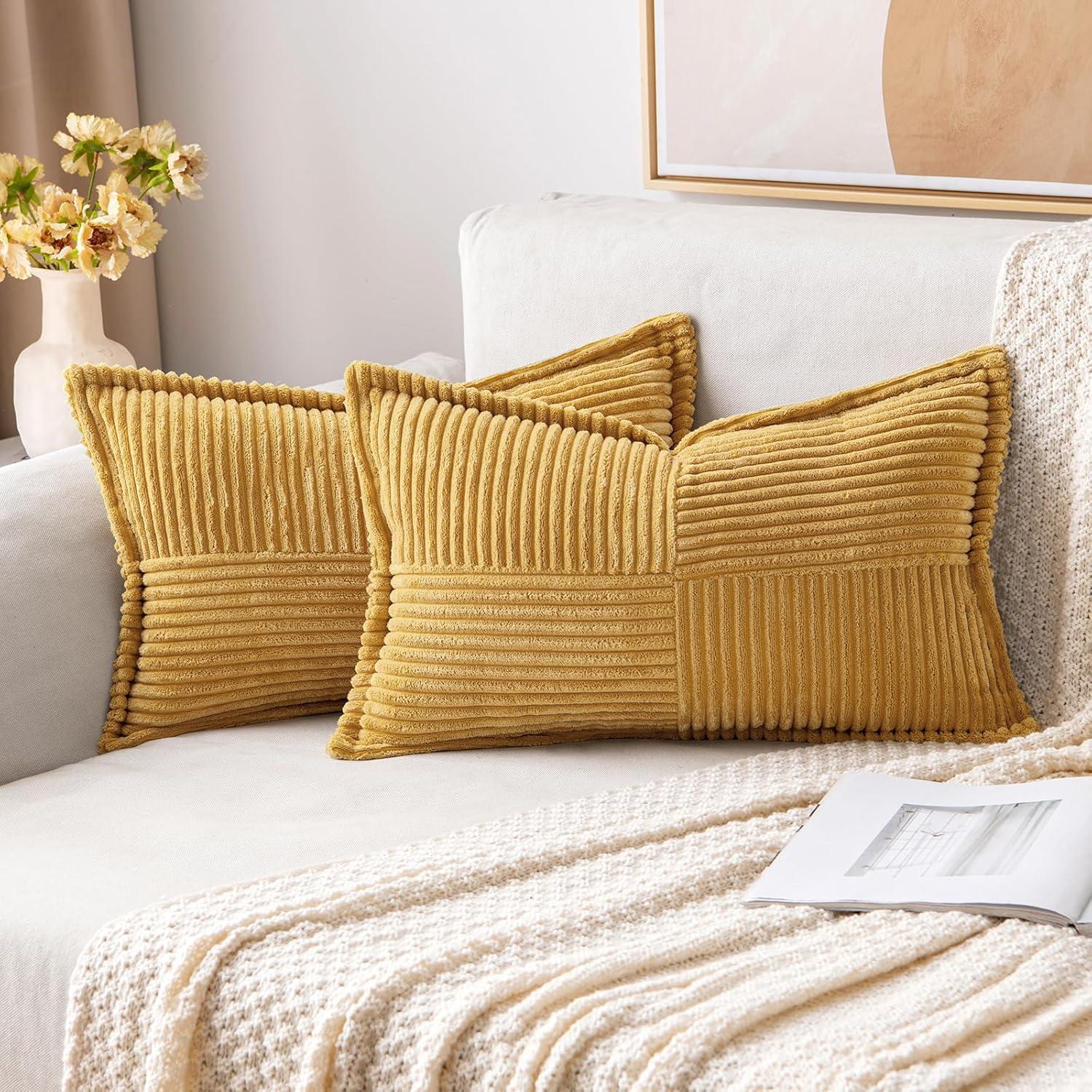 imageMIULEE Orange Fall Corduroy Decorative Euro Sham Pillow Covers 24x24 Inch with Splicing Set of 2 Soft Boho Pillow Covers Broadside Textured Summer Pillowcases for Couch Bed LivingroomGold