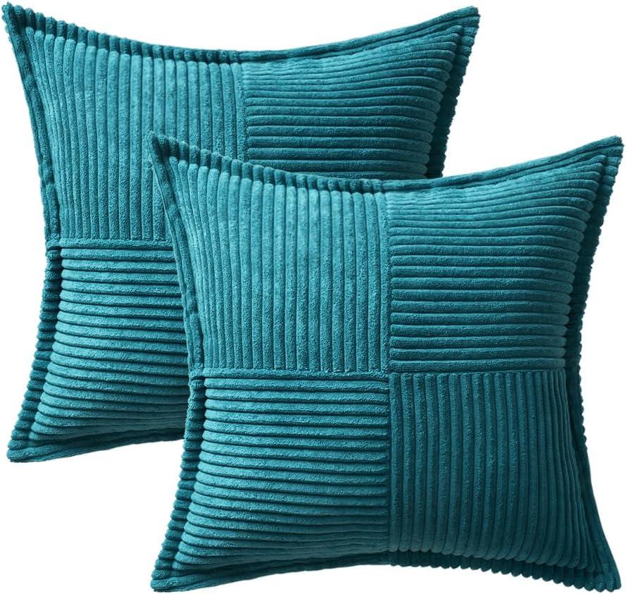 imageMIULEE Orange Fall Corduroy Decorative Euro Sham Pillow Covers 24x24 Inch with Splicing Set of 2 Soft Boho Pillow Covers Broadside Textured Summer Pillowcases for Couch Bed LivingroomTeal Blue