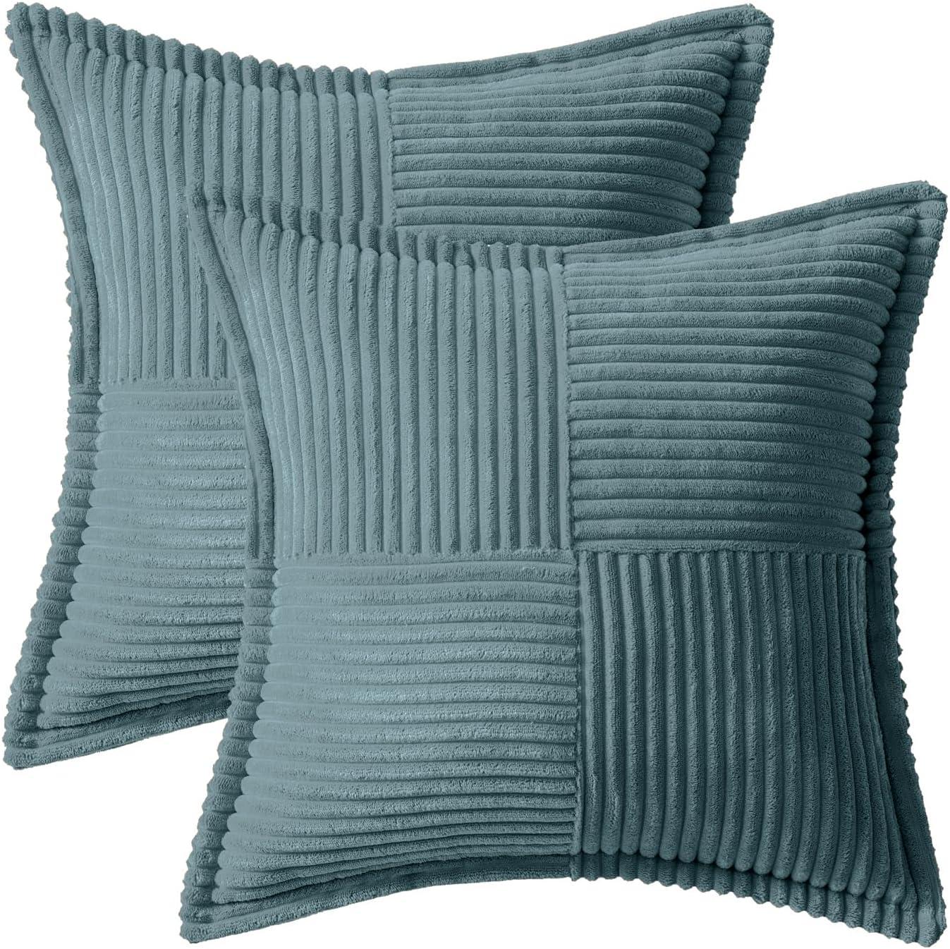 imageMIULEE Orange Fall Corduroy Decorative Euro Sham Pillow Covers 24x24 Inch with Splicing Set of 2 Soft Boho Pillow Covers Broadside Textured Summer Pillowcases for Couch Bed LivingroomDusty Blue