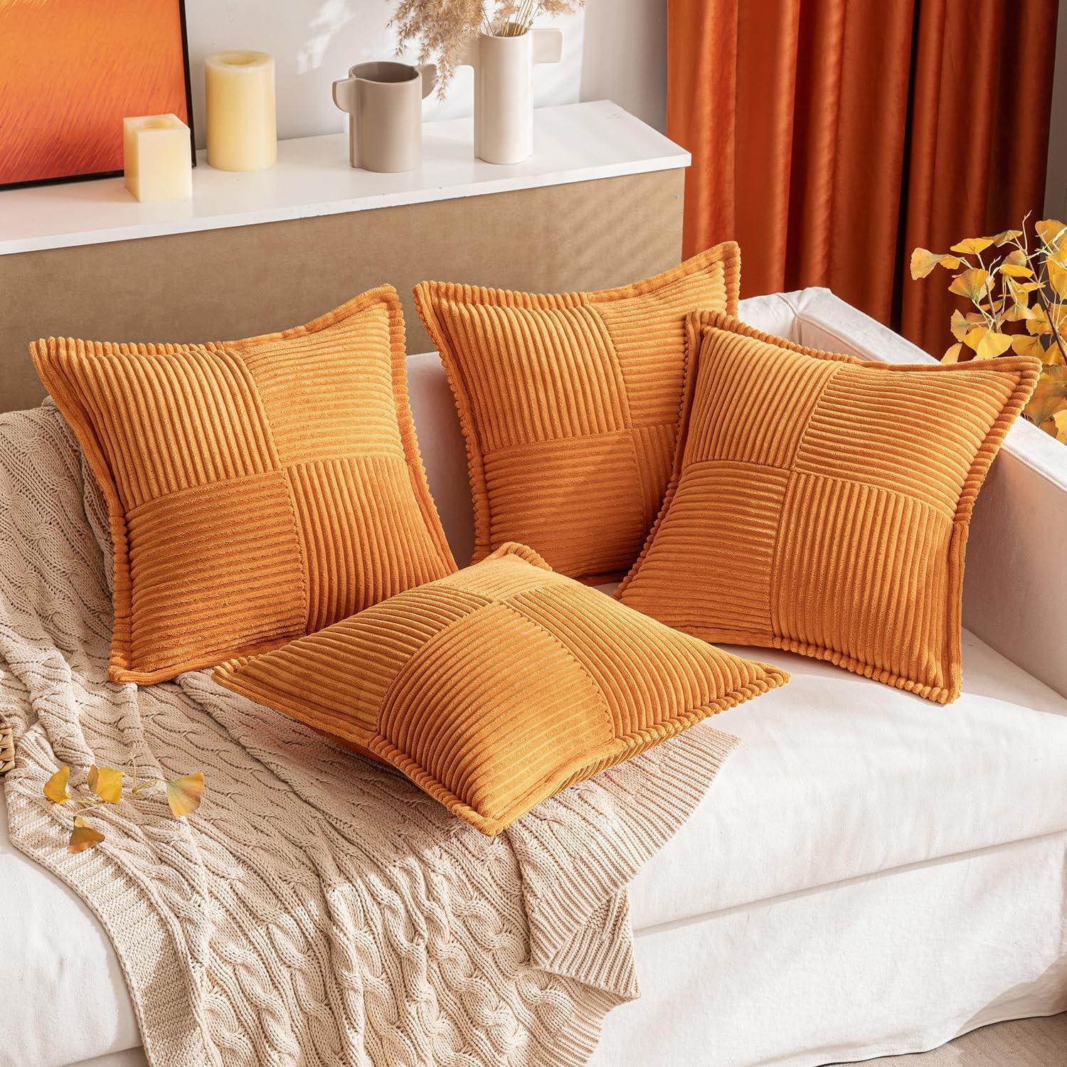 imageMIULEE Orange Fall Corduroy Decorative Euro Sham Pillow Covers 24x24 Inch with Splicing Set of 2 Soft Boho Pillow Covers Broadside Textured Summer Pillowcases for Couch Bed LivingroomBurnt Orange
