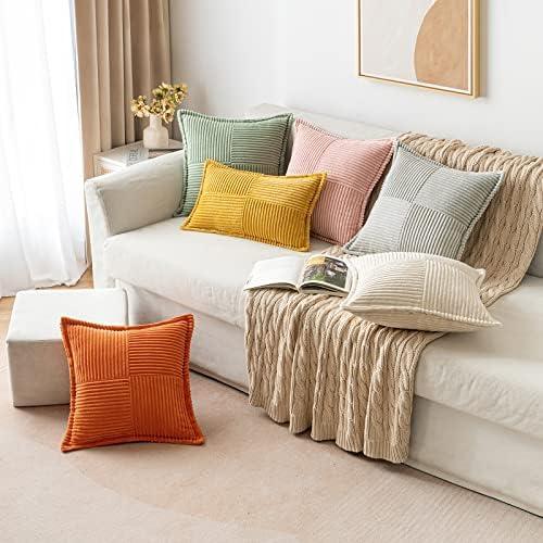 imageMIULEE Orange Fall Corduroy Decorative Euro Sham Pillow Covers 24x24 Inch with Splicing Set of 2 Soft Boho Pillow Covers Broadside Textured Summer Pillowcases for Couch Bed LivingroomCream