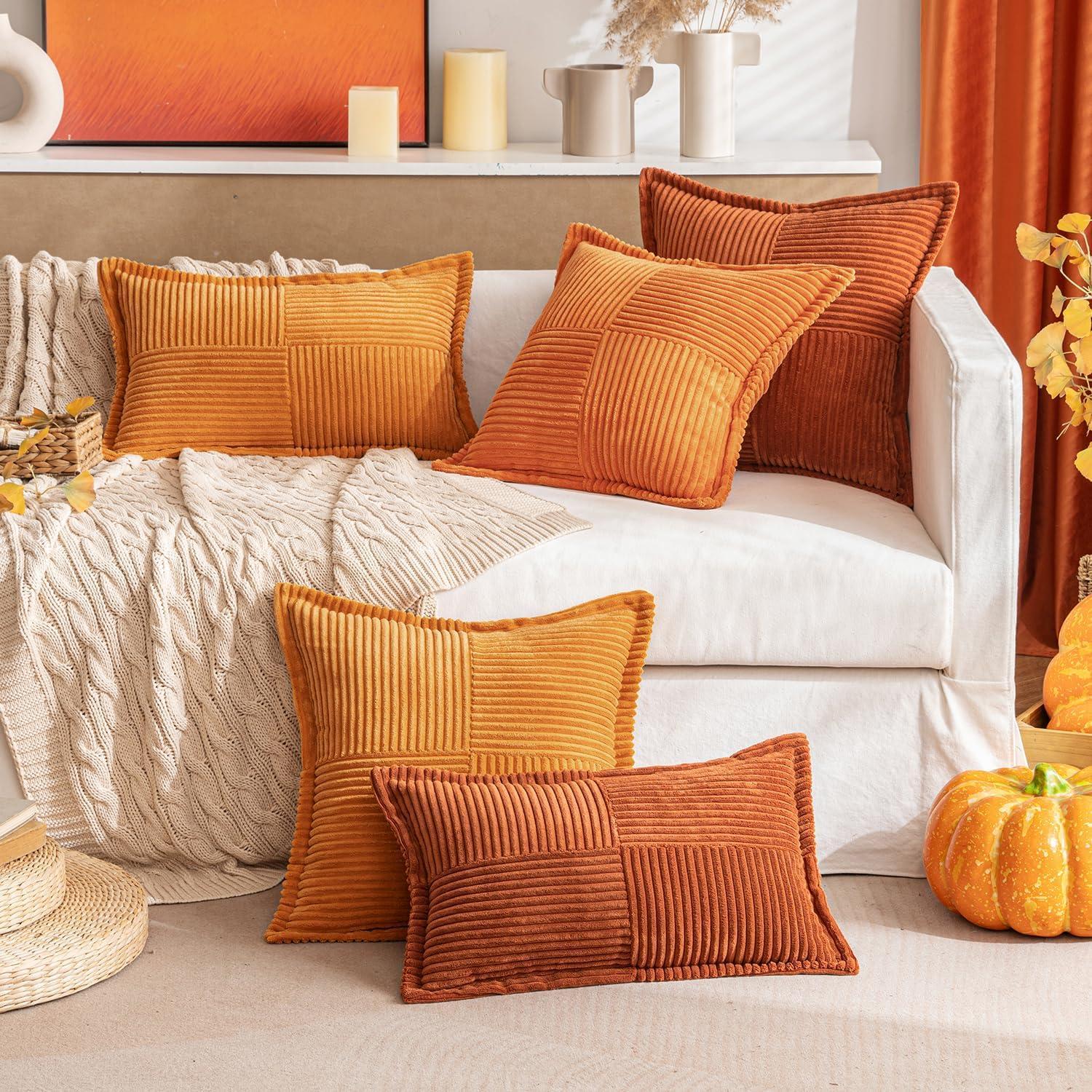 imageMIULEE Orange Fall Corduroy Decorative Euro Sham Pillow Covers 24x24 Inch with Splicing Set of 2 Soft Boho Pillow Covers Broadside Textured Summer Pillowcases for Couch Bed LivingroomOrange