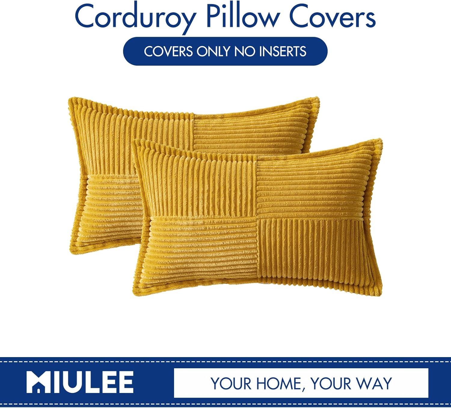 imageMIULEE Orange Fall Corduroy Decorative Euro Sham Pillow Covers 24x24 Inch with Splicing Set of 2 Soft Boho Pillow Covers Broadside Textured Summer Pillowcases for Couch Bed LivingroomMustard Yellow