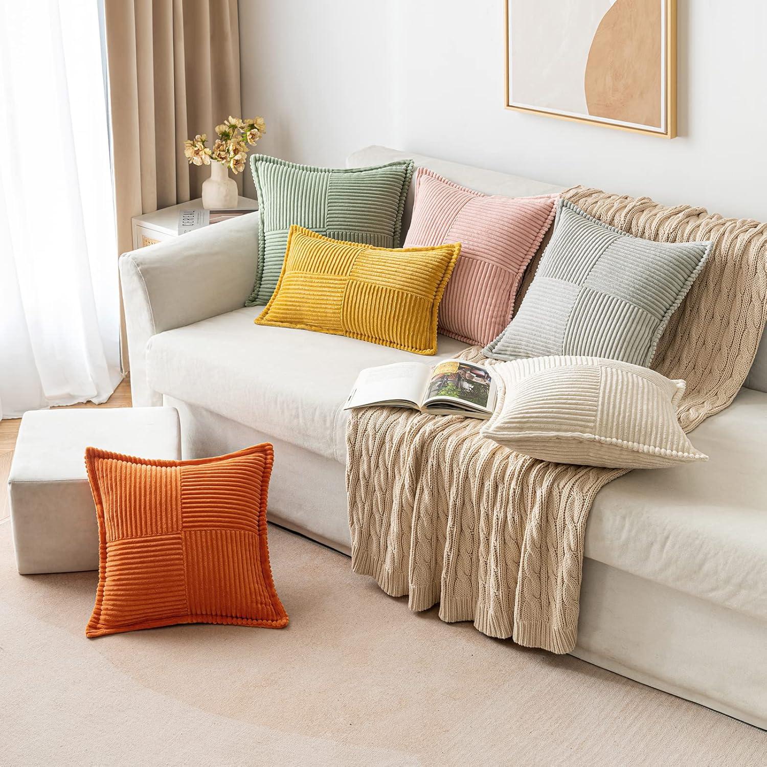 imageMIULEE Orange Fall Corduroy Decorative Euro Sham Pillow Covers 24x24 Inch with Splicing Set of 2 Soft Boho Pillow Covers Broadside Textured Summer Pillowcases for Couch Bed LivingroomNavy Blue