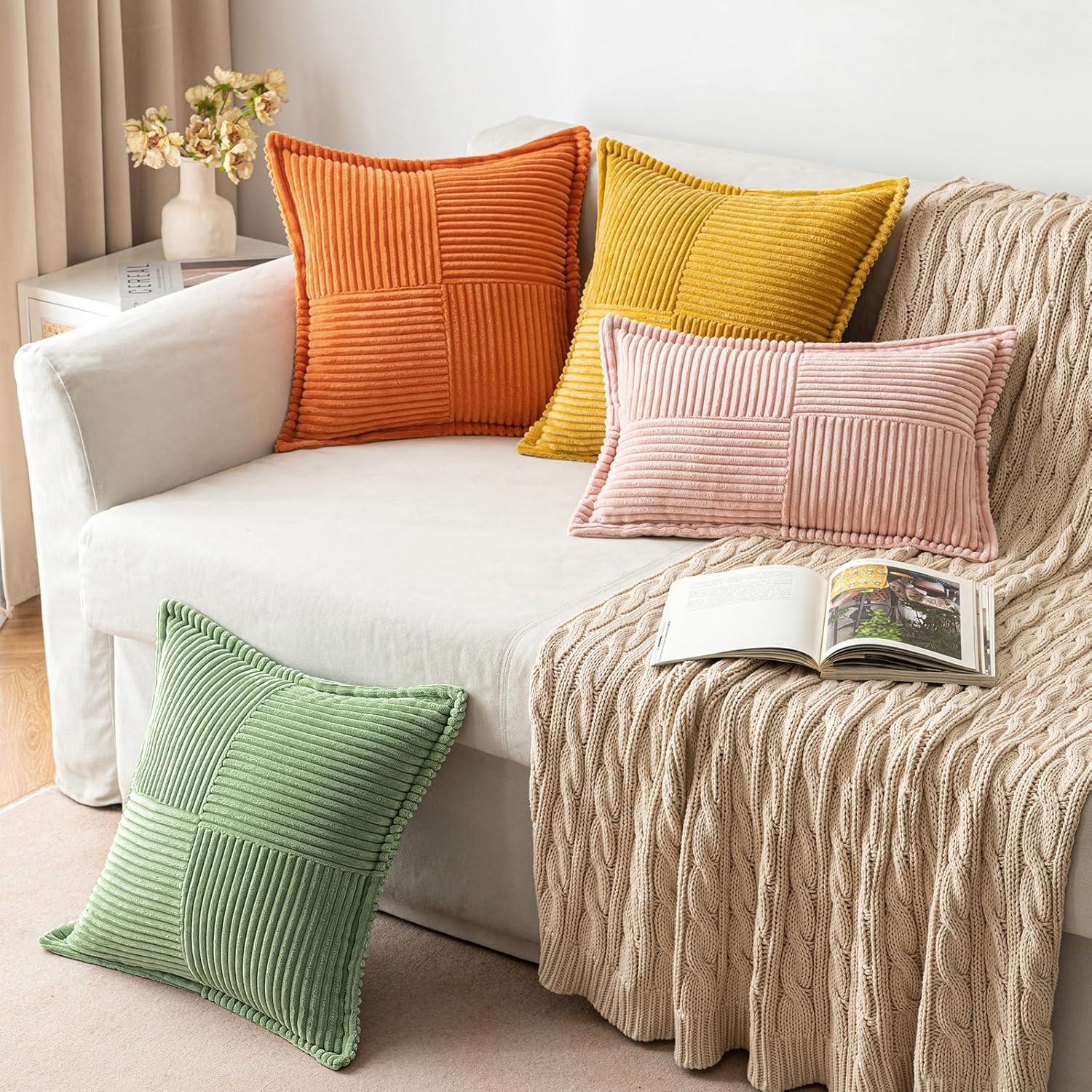 imageMIULEE Orange Fall Corduroy Decorative Euro Sham Pillow Covers 24x24 Inch with Splicing Set of 2 Soft Boho Pillow Covers Broadside Textured Summer Pillowcases for Couch Bed LivingroomOrange