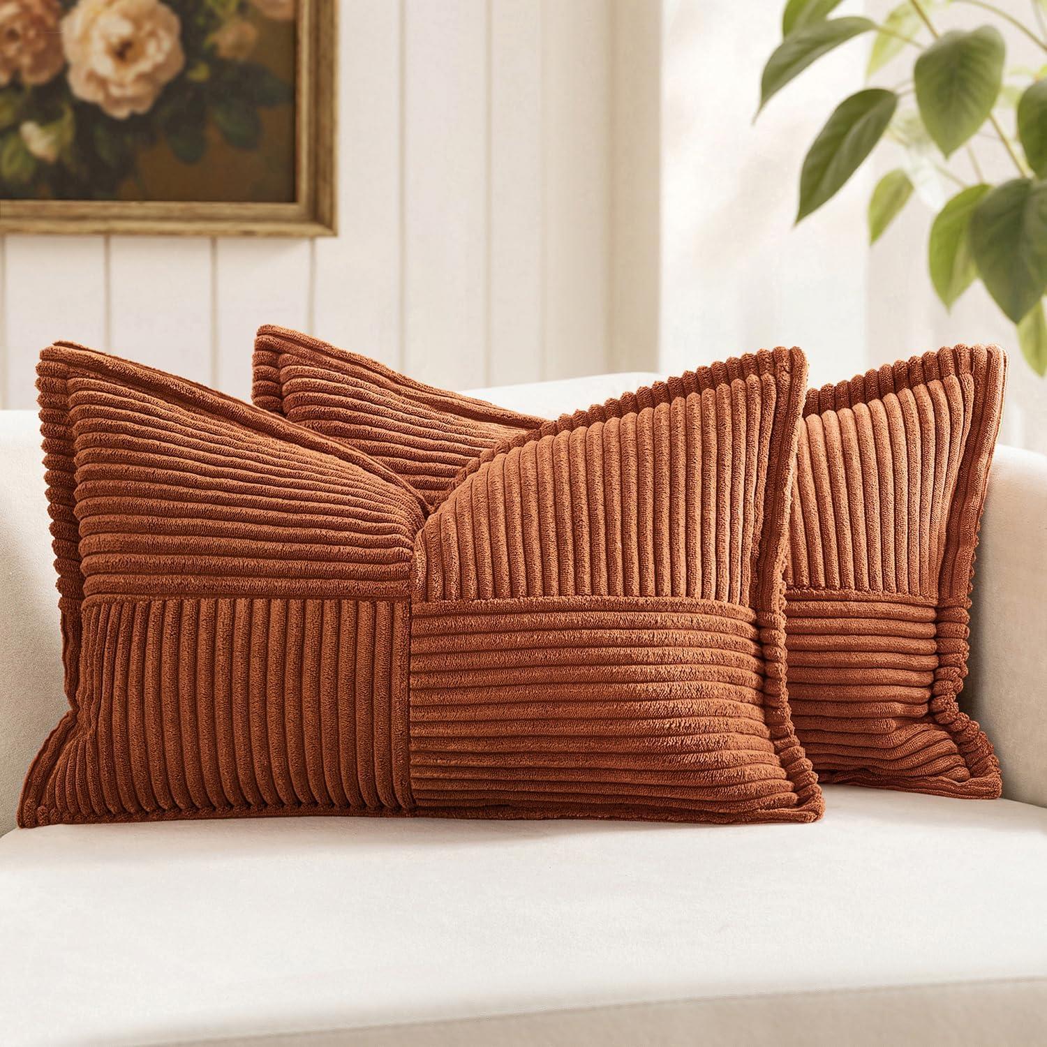 imageMIULEE Orange Fall Corduroy Decorative Euro Sham Pillow Covers 24x24 Inch with Splicing Set of 2 Soft Boho Pillow Covers Broadside Textured Summer Pillowcases for Couch Bed LivingroomDark Rust