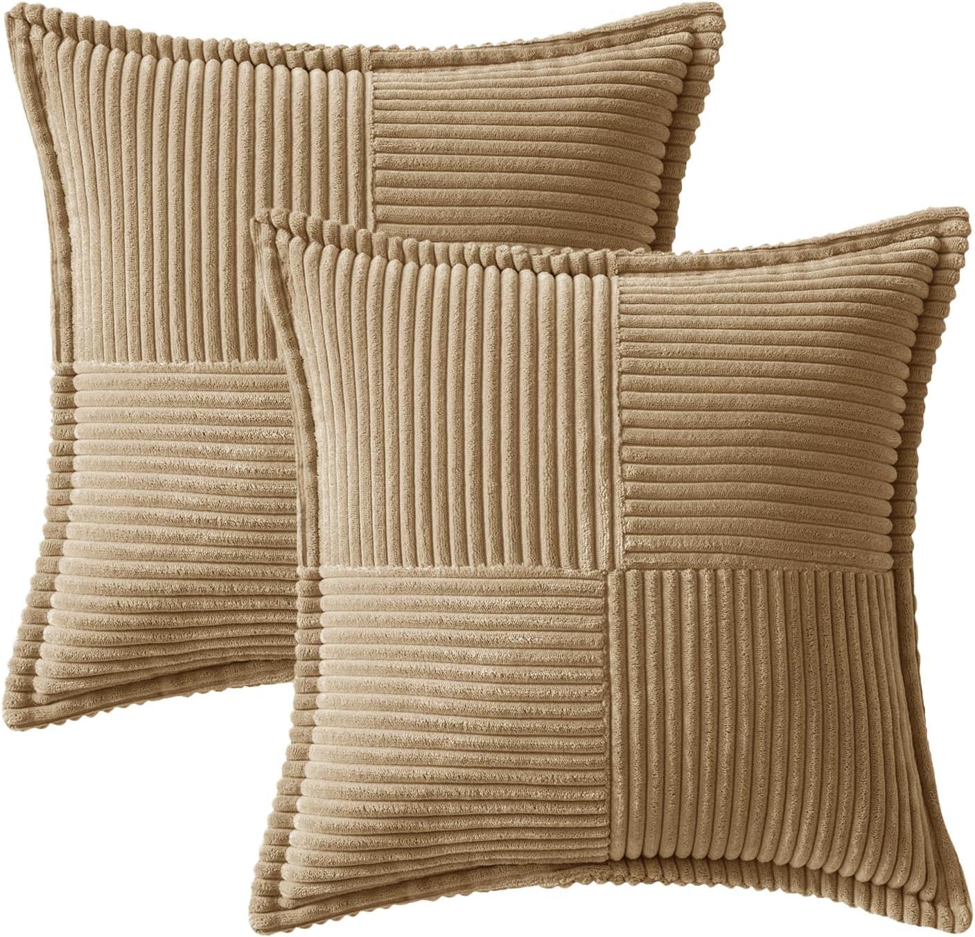 imageMIULEE Orange Fall Corduroy Decorative Euro Sham Pillow Covers 24x24 Inch with Splicing Set of 2 Soft Boho Pillow Covers Broadside Textured Summer Pillowcases for Couch Bed LivingroomKhaki