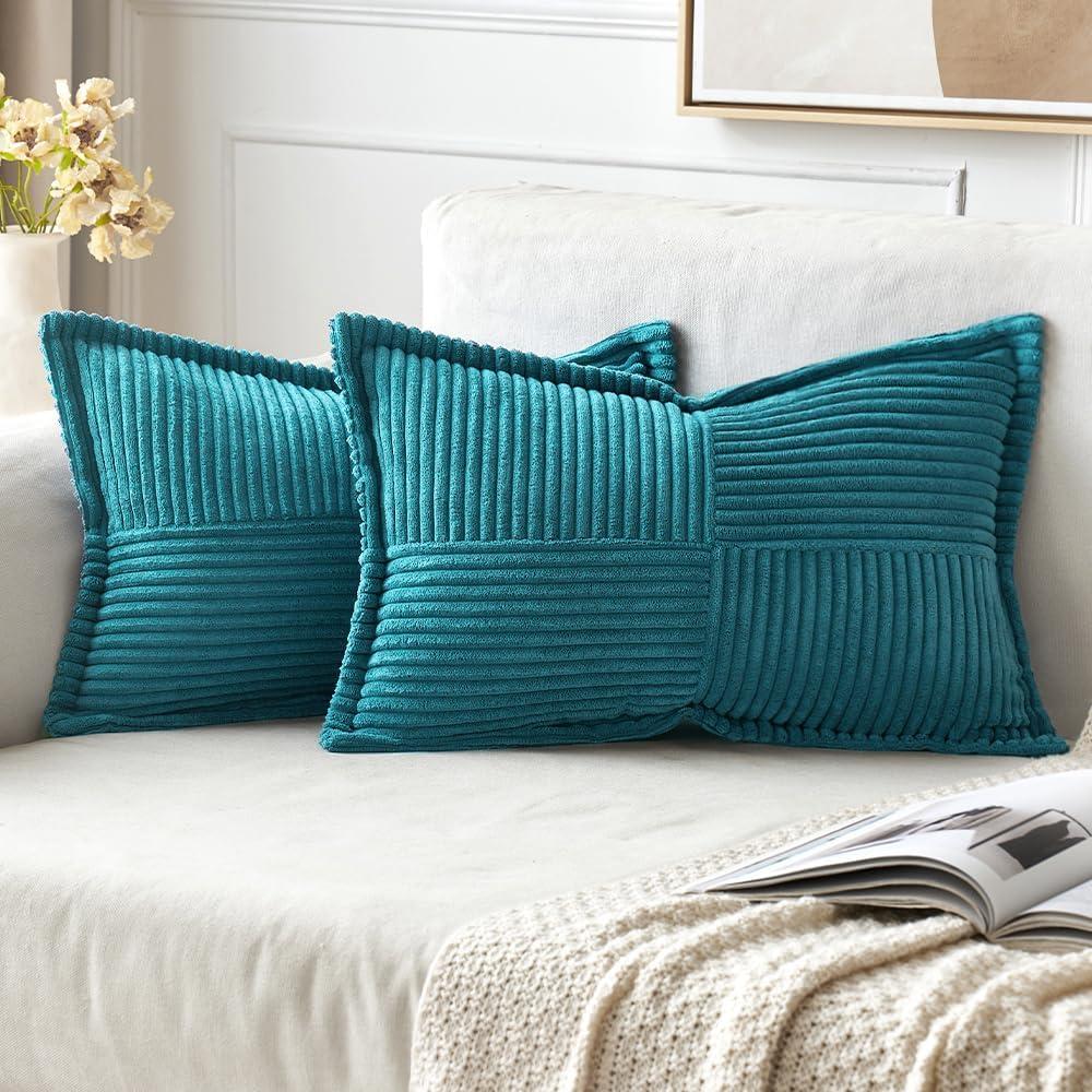 imageMIULEE Orange Fall Corduroy Decorative Euro Sham Pillow Covers 24x24 Inch with Splicing Set of 2 Soft Boho Pillow Covers Broadside Textured Summer Pillowcases for Couch Bed LivingroomTeal Blue