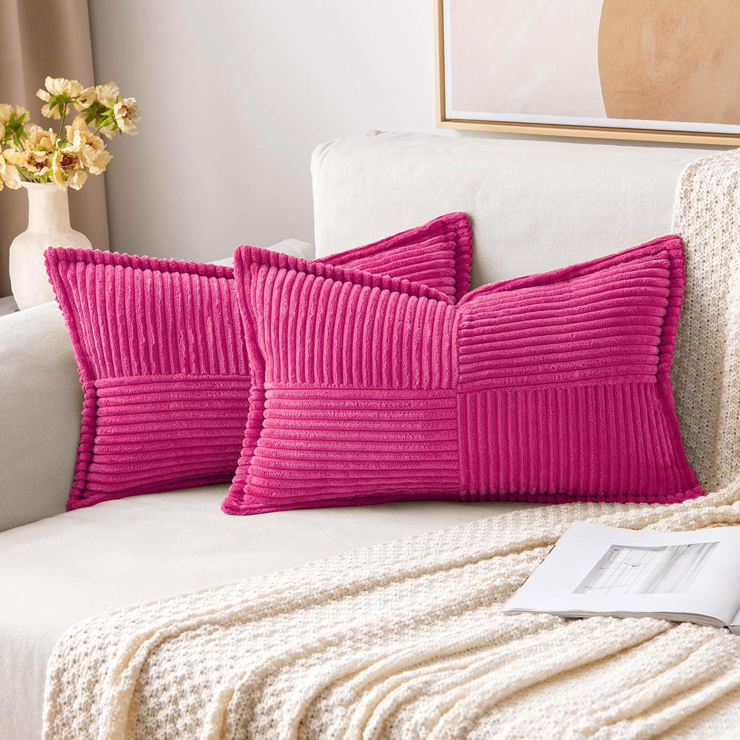 imageMIULEE Orange Fall Corduroy Decorative Euro Sham Pillow Covers 24x24 Inch with Splicing Set of 2 Soft Boho Pillow Covers Broadside Textured Summer Pillowcases for Couch Bed LivingroomHot Pink