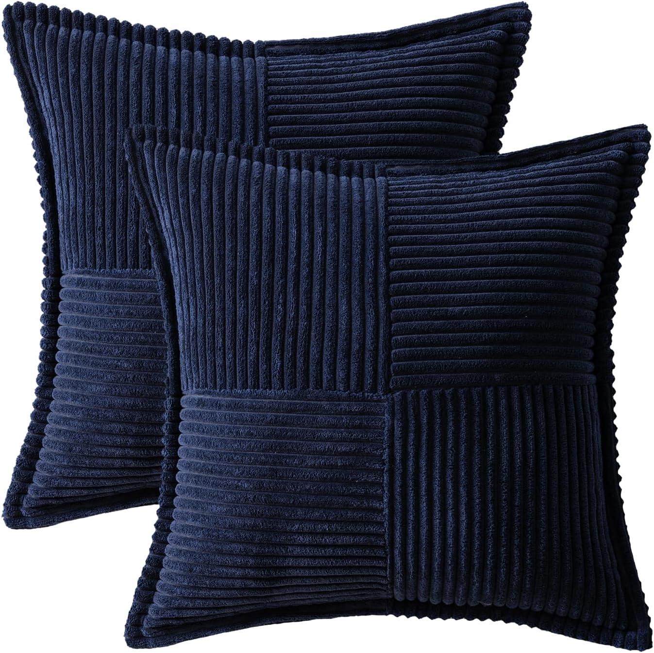 imageMIULEE Orange Fall Corduroy Decorative Euro Sham Pillow Covers 24x24 Inch with Splicing Set of 2 Soft Boho Pillow Covers Broadside Textured Summer Pillowcases for Couch Bed LivingroomNavy Blue