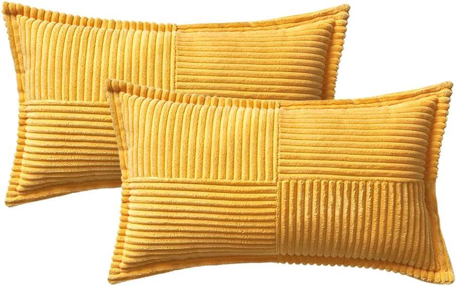 imageMIULEE Orange Fall Corduroy Decorative Euro Sham Pillow Covers 24x24 Inch with Splicing Set of 2 Soft Boho Pillow Covers Broadside Textured Summer Pillowcases for Couch Bed LivingroomGolden Yellow