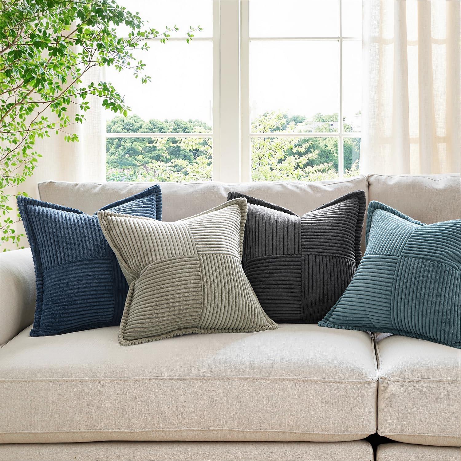 imageMIULEE Orange Fall Corduroy Decorative Euro Sham Pillow Covers 24x24 Inch with Splicing Set of 2 Soft Boho Pillow Covers Broadside Textured Summer Pillowcases for Couch Bed LivingroomBlue