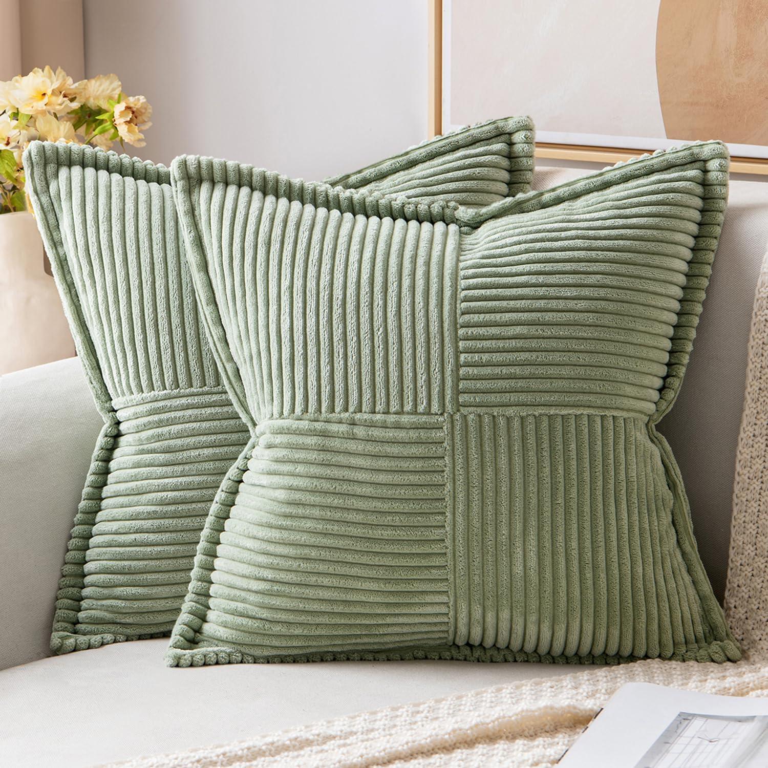 imageMIULEE Orange Fall Corduroy Decorative Euro Sham Pillow Covers 24x24 Inch with Splicing Set of 2 Soft Boho Pillow Covers Broadside Textured Summer Pillowcases for Couch Bed LivingroomSage Green