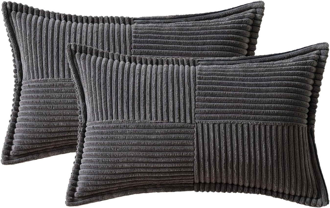 imageMIULEE Orange Fall Corduroy Decorative Euro Sham Pillow Covers 24x24 Inch with Splicing Set of 2 Soft Boho Pillow Covers Broadside Textured Summer Pillowcases for Couch Bed LivingroomDark Grey