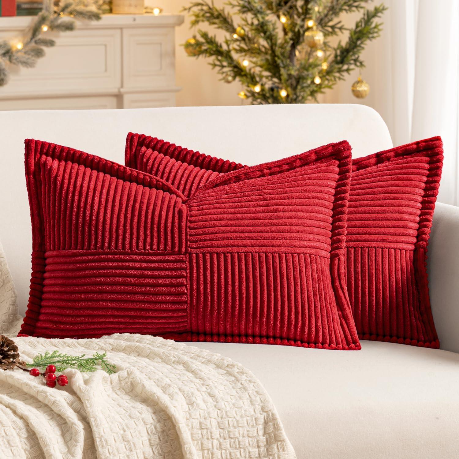 imageMIULEE Orange Fall Corduroy Decorative Euro Sham Pillow Covers 24x24 Inch with Splicing Set of 2 Soft Boho Pillow Covers Broadside Textured Summer Pillowcases for Couch Bed LivingroomRed