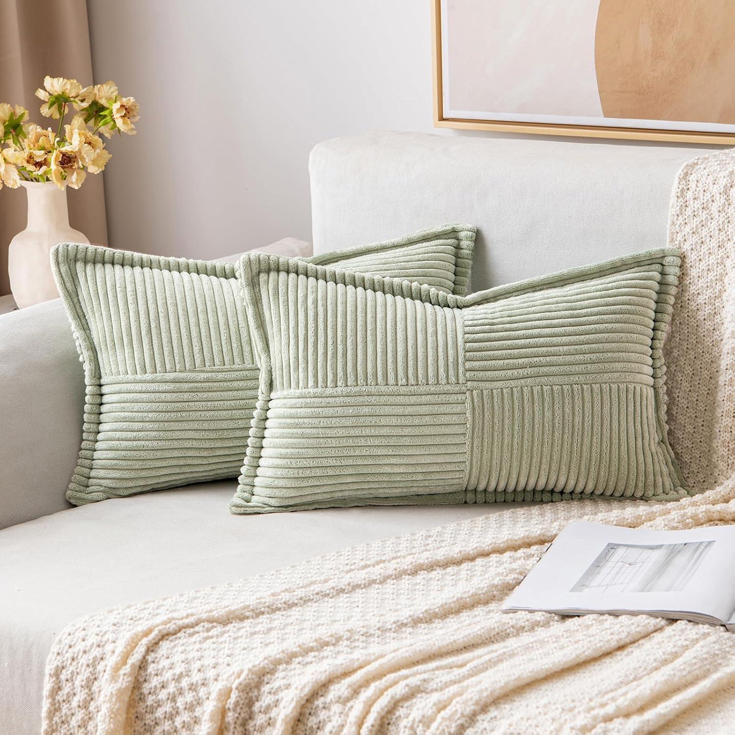 imageMIULEE Orange Fall Corduroy Decorative Euro Sham Pillow Covers 24x24 Inch with Splicing Set of 2 Soft Boho Pillow Covers Broadside Textured Summer Pillowcases for Couch Bed LivingroomLight Green
