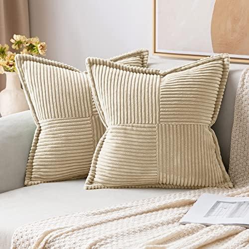 imageMIULEE Orange Fall Corduroy Decorative Euro Sham Pillow Covers 24x24 Inch with Splicing Set of 2 Soft Boho Pillow Covers Broadside Textured Summer Pillowcases for Couch Bed LivingroomCream