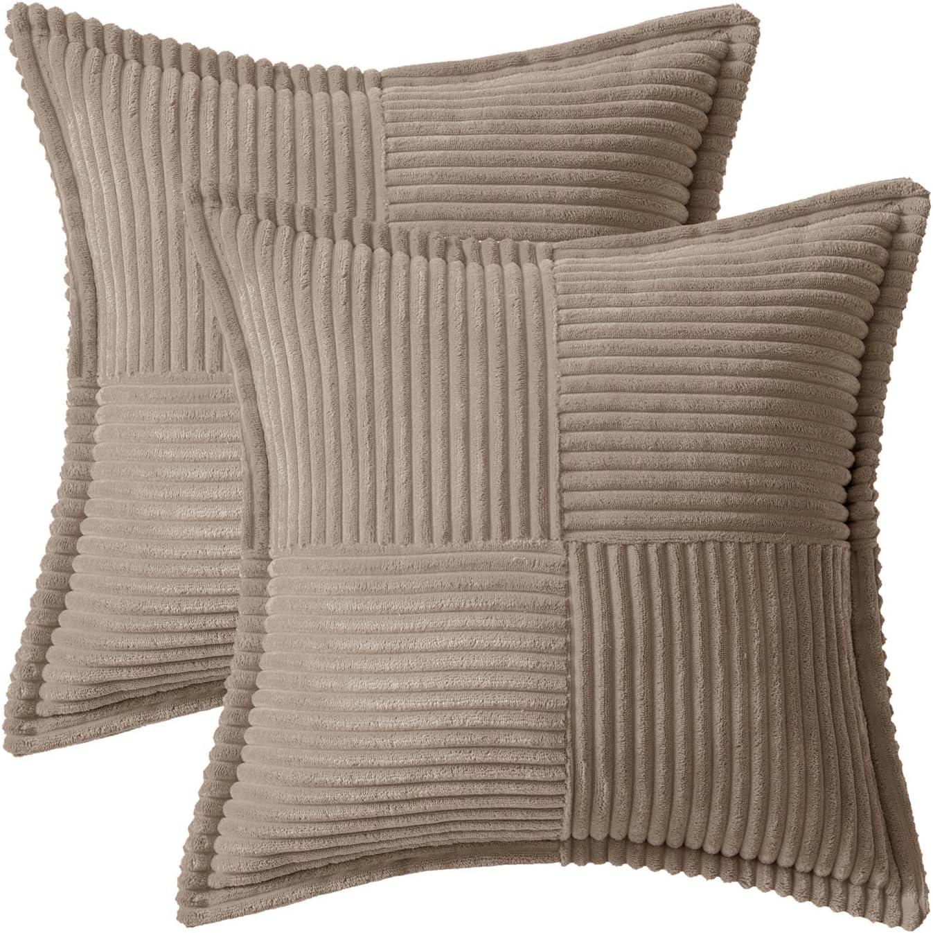imageMIULEE Orange Fall Corduroy Decorative Euro Sham Pillow Covers 24x24 Inch with Splicing Set of 2 Soft Boho Pillow Covers Broadside Textured Summer Pillowcases for Couch Bed LivingroomLight Brown